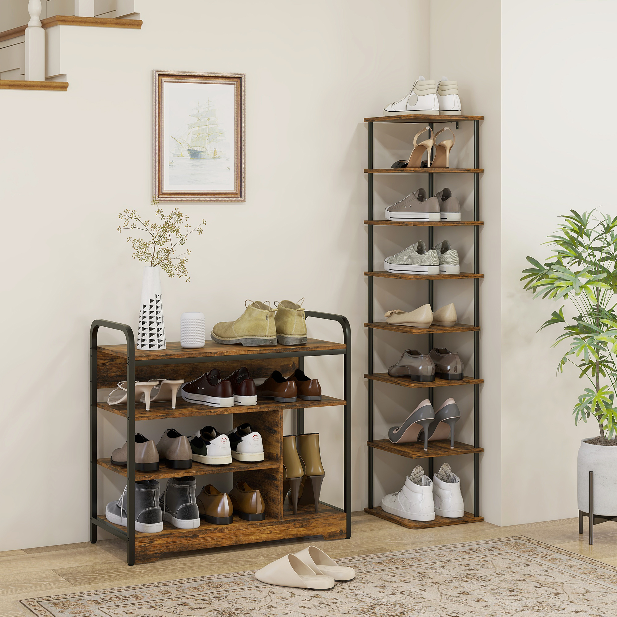 Schuhregal 4-stufig, offenes Design, Metallrahmen, verstellbare Füße, 70x30x65 cm, Braun/Schwarz