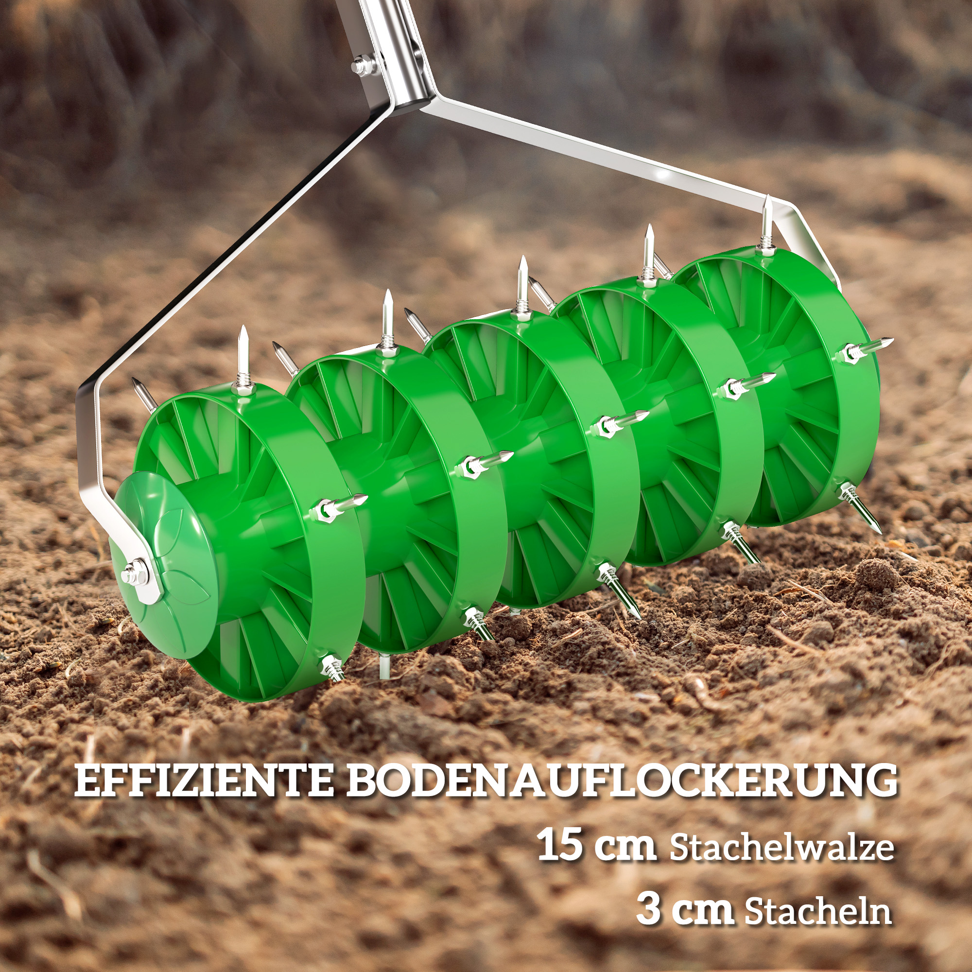 Rasenlüfter Aerifizierer für Rasen 45cm Breite Manuell Rasenbelüfter mit 30 Eisenspikes Stahl Dunkelgrün