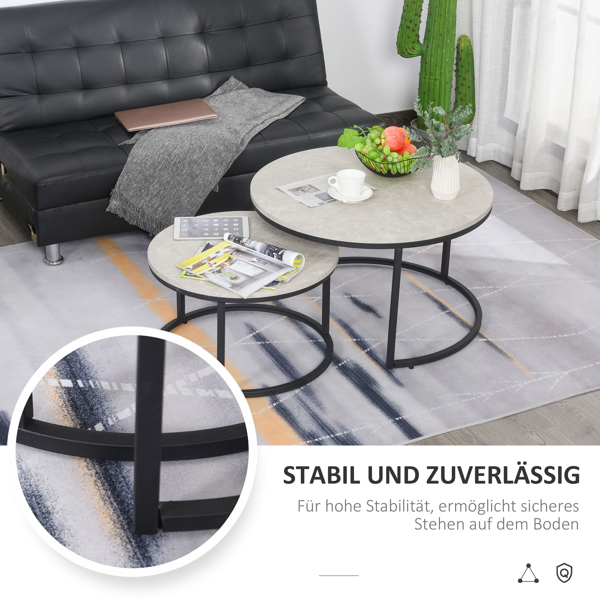 Couchtisch-Set, 2 runde Satztische, Industriedesign, Metallgestell, Betonoptik/Schwarz