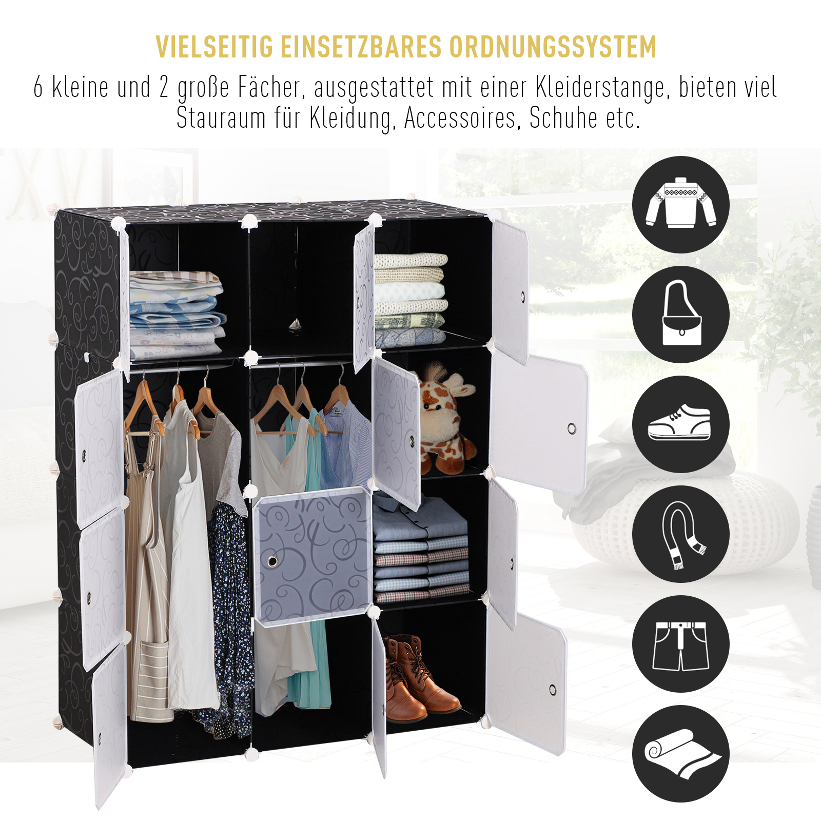 DIY Kleiderschrank Regalsystem mit 2 große und 9 kleinen Würfeln DIY-Würfelregal, Schuhregal, Aufbewahrungsregal für Büchern Spielzeug Schwarz 111 x 47 x 145 cm