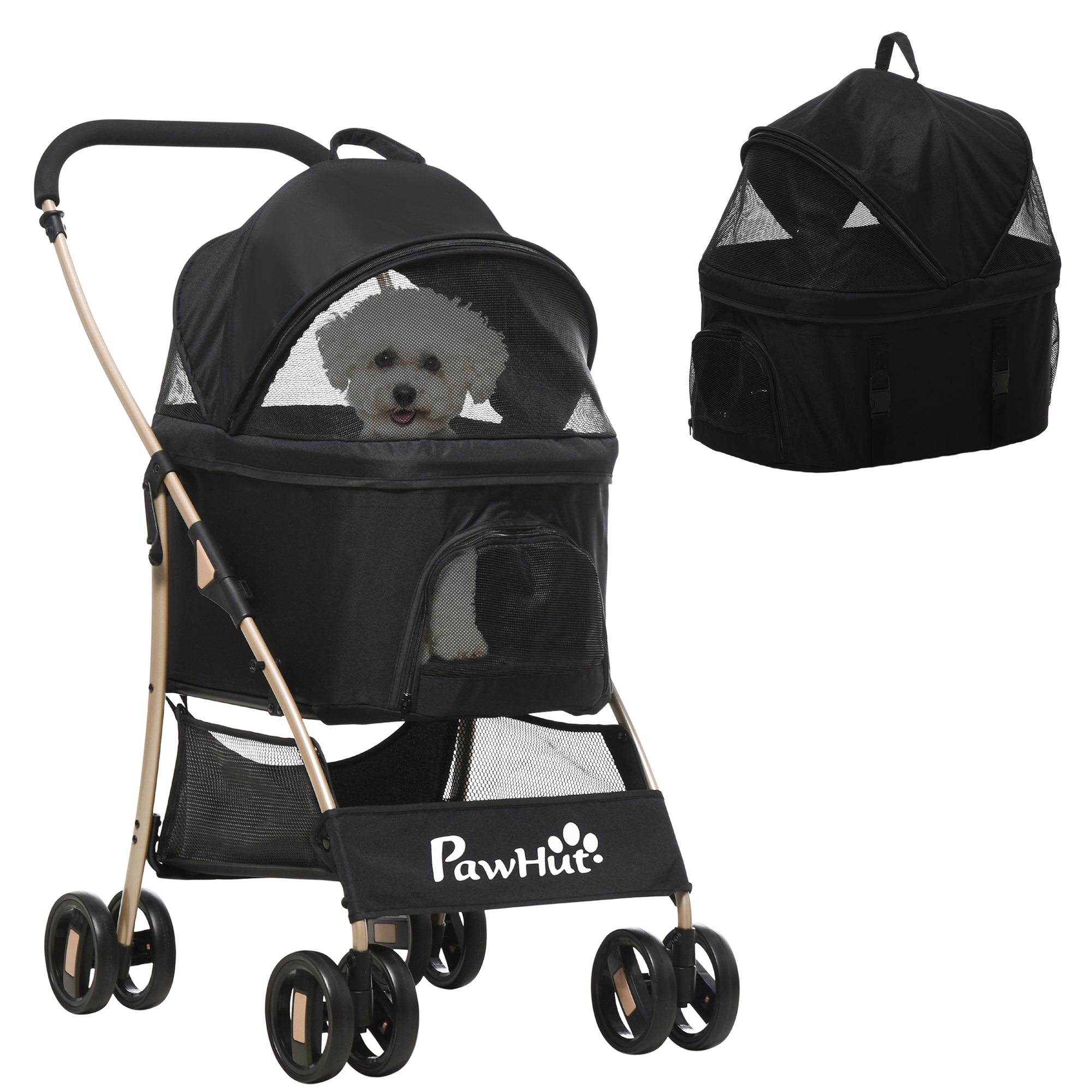 2-in-1 Hundewagen und Transportkorb bis 10 kg Klappbar Netzfenster Bodenkorb 82 cm x 49,5 cm x 98 cm Schwarz