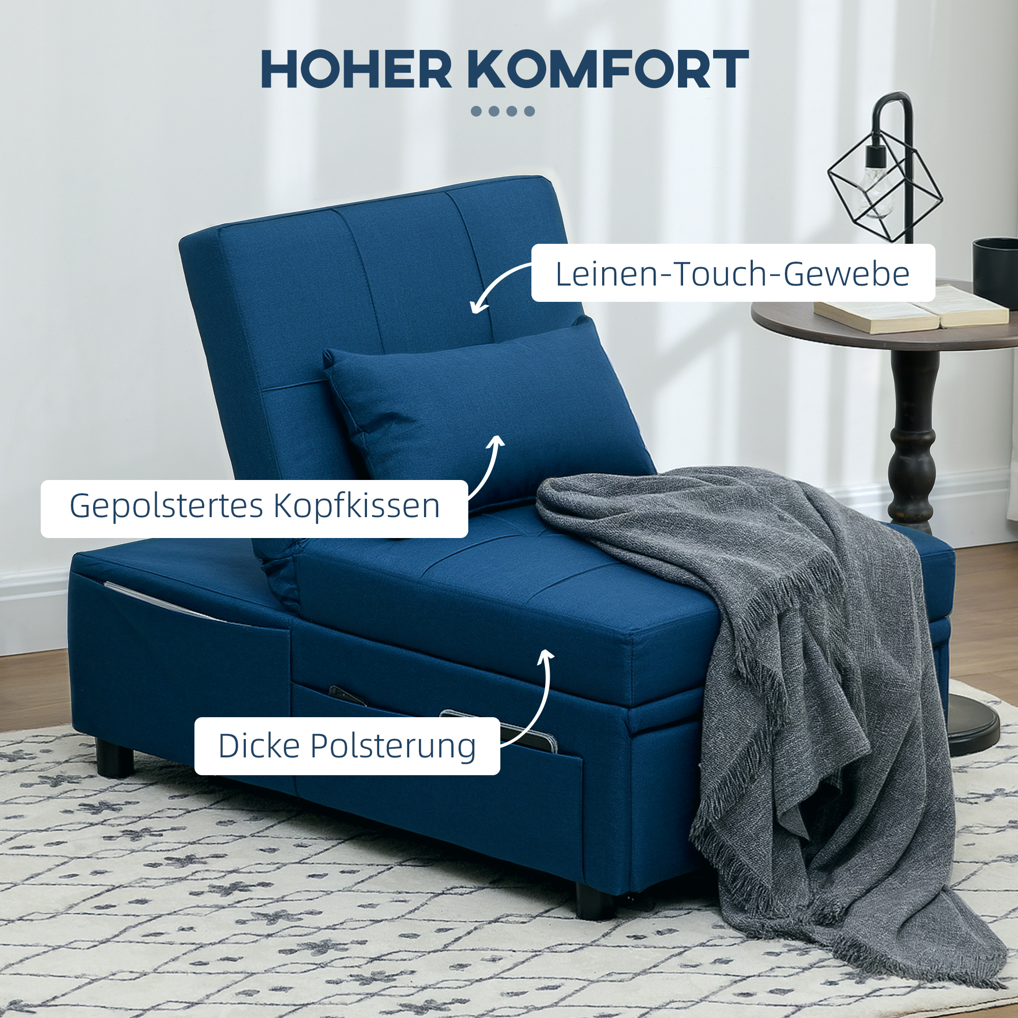 3-in-1 Klappsessel mit Seitentasche, Gästebett mit Kissen, Verstellbarer Rückenlehne, Bettsessel mit Rollen, Blau