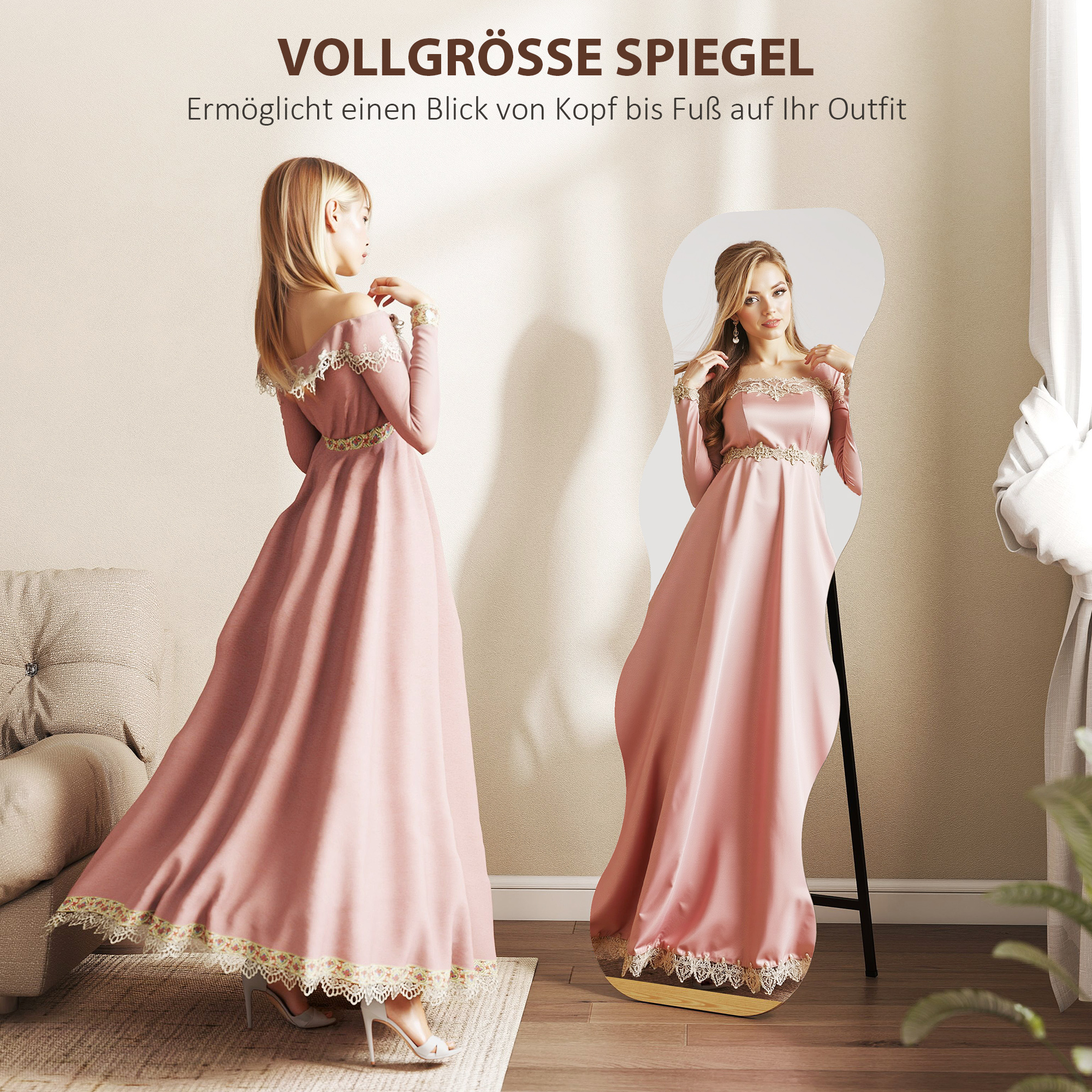 Ganzkörperspiegel ohne Rahmen, Holzbasis, flexibel platzierbar, Wellenform, Schwarz