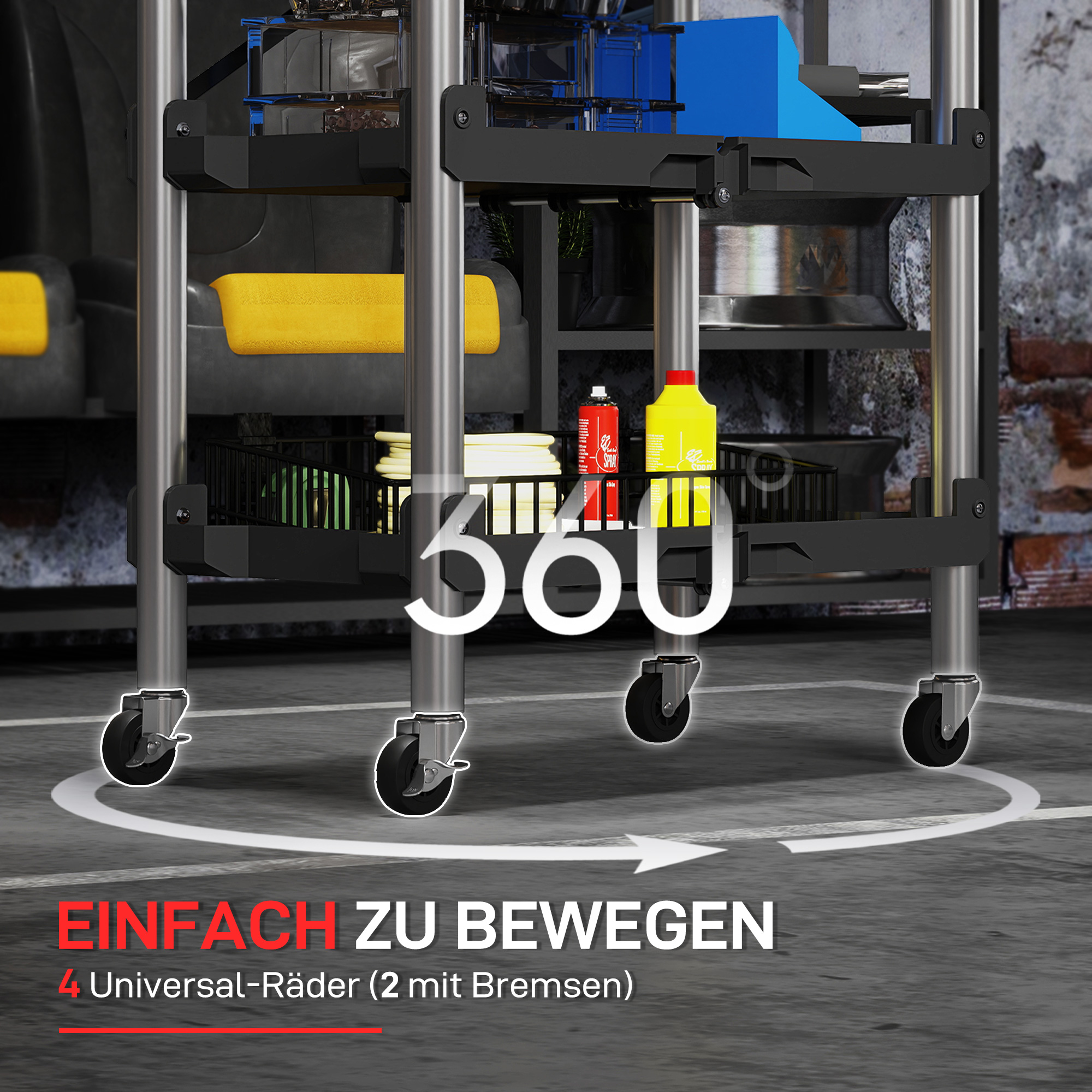 Werkzeug-Trolley, klappbarer 3-stufiger Werkzeugwagen, Kunststoff, Stahl, Schwarz