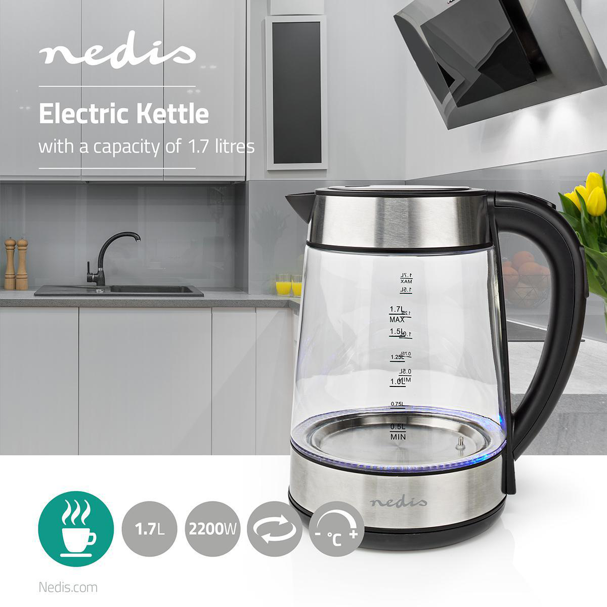 Wasserkocher | 1.7 l | Glas | Transparent | 60,70,80,90,100 °C | Temperaturanzeige | Um 360 Grad drehbar | Verdecktes Heizelement | Strix Controller | Boil-dry protection