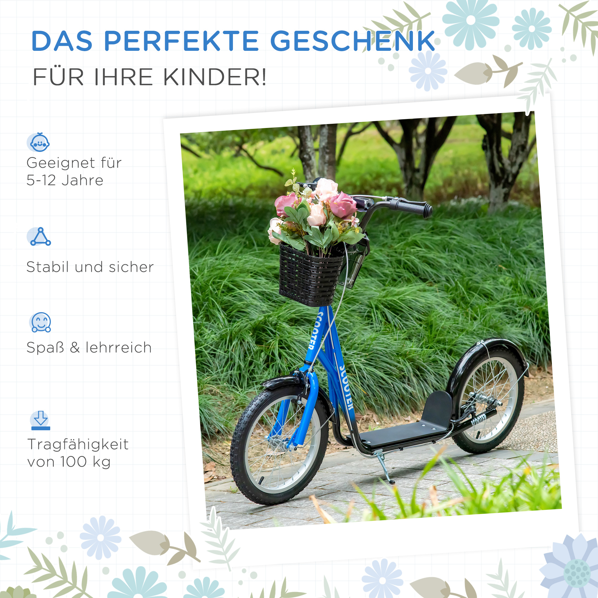 Kinderroller, Scooter mit Bremse, inkl, Korb, höhenverstellbar, für Kinder 5-12 J,, blau+schwarz