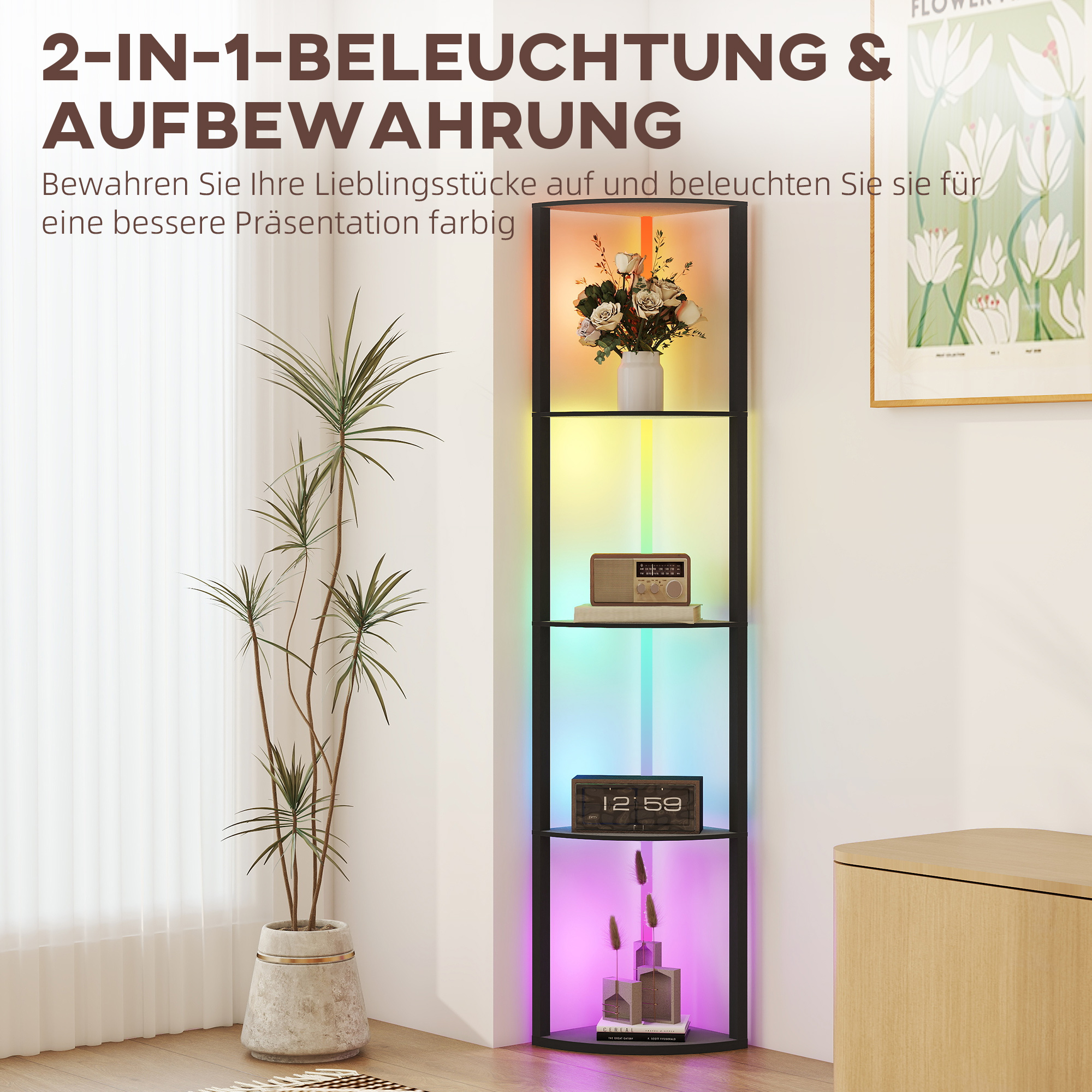 LED Stehlampe 5-stufige dimmbar Stehleuchte mit Regal,  RGB Farbwechsel, Fernbedienung