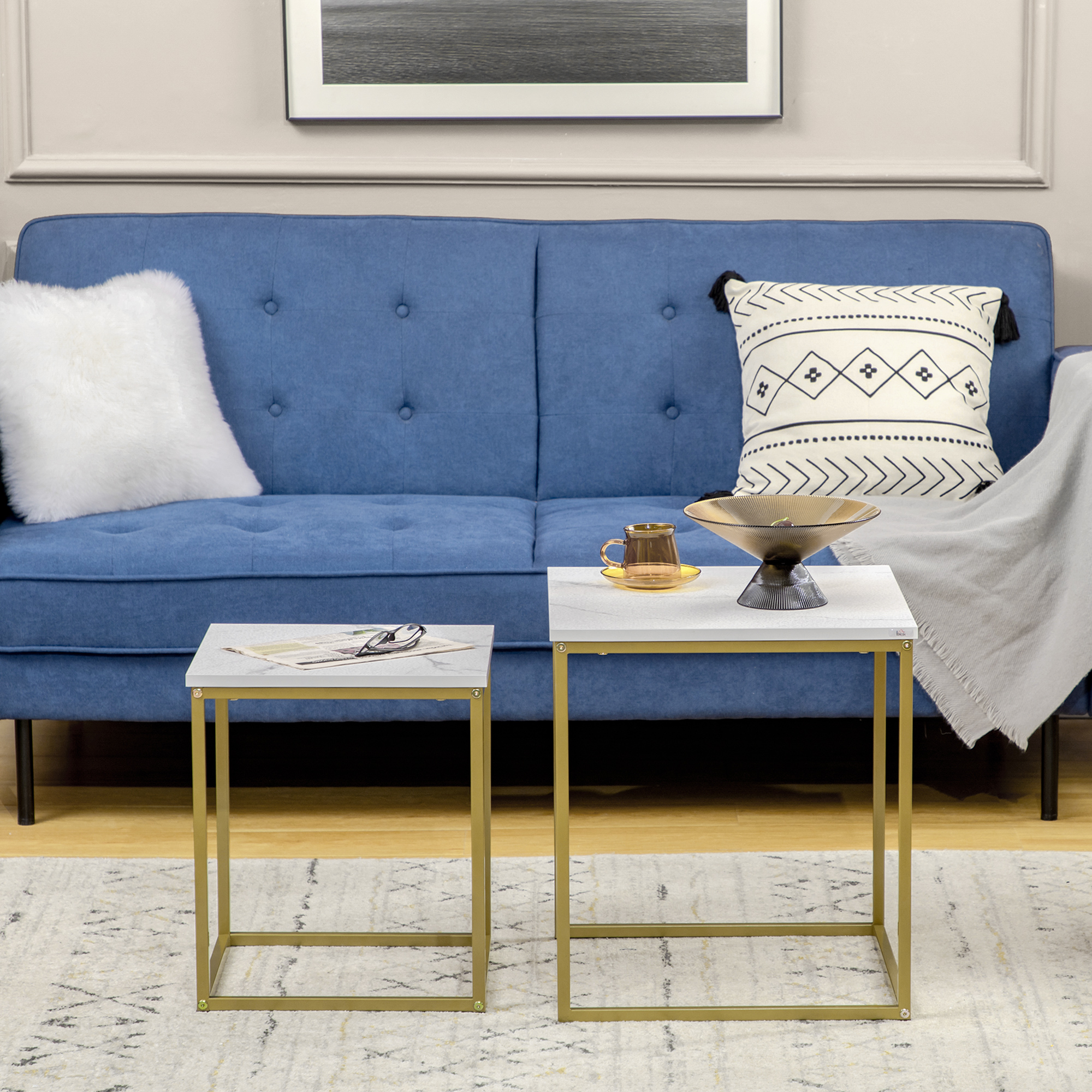 2er-Set Beistelltische, stapelbare Beistelltische, Tischplatte in Marmoroptik, Gold + Weiß