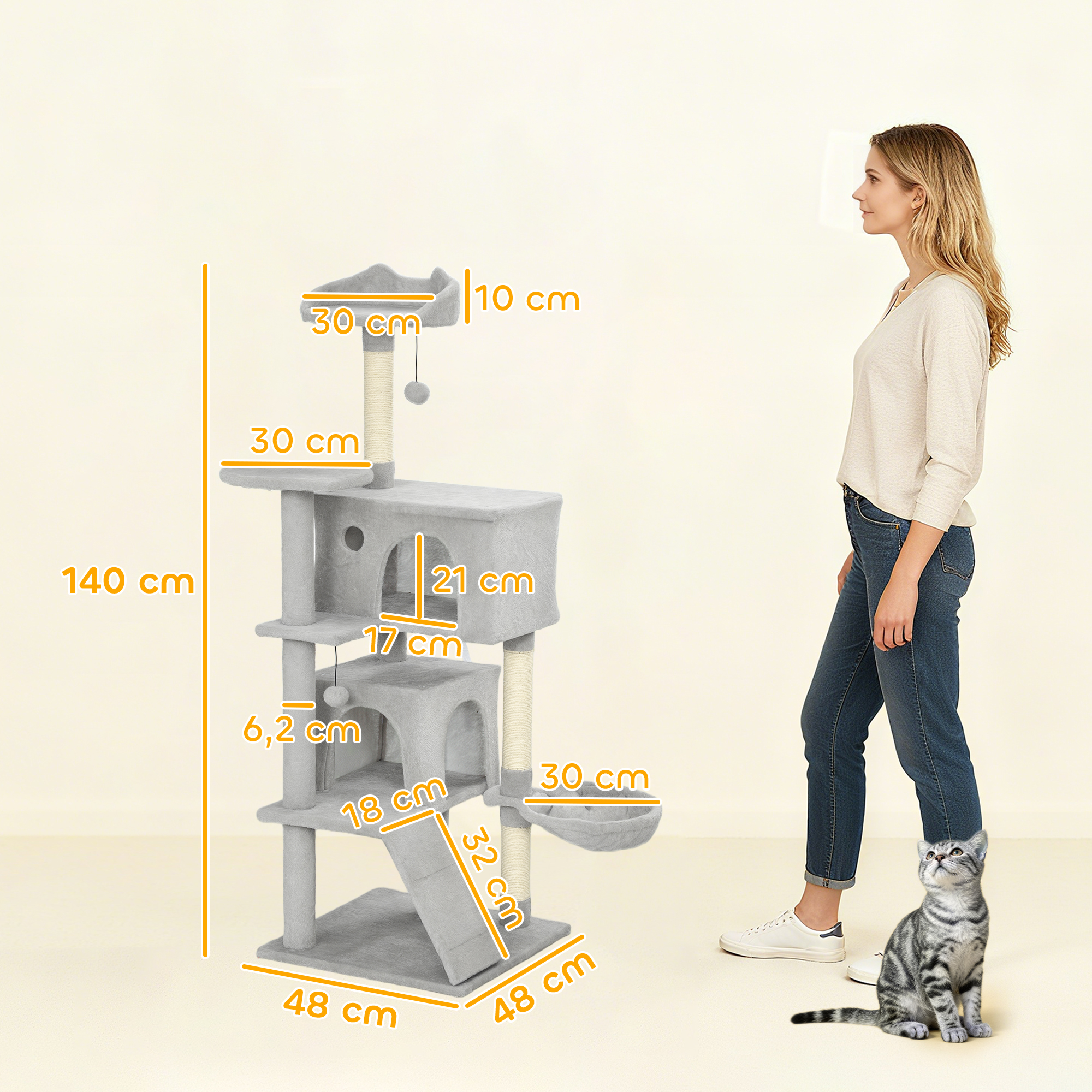 140 cm Katzenkratzbaum, mehrere Ebenen, Sisal-Kratzpfosten, Höhlen, Plüsch-Plattformen, Hängematte, Leiter, Spielbälle