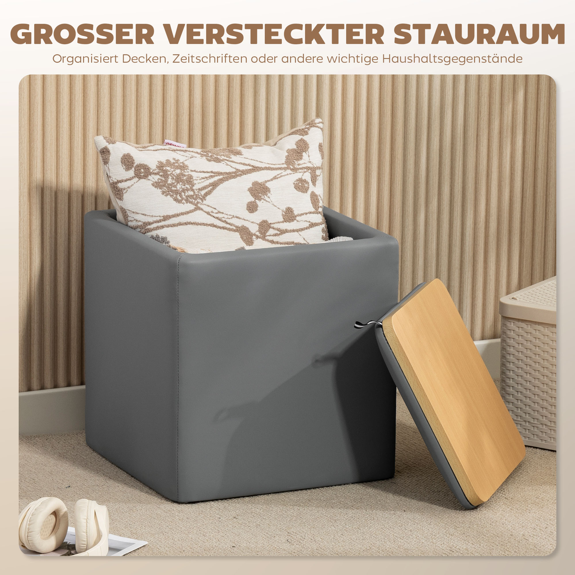 Sitzhocker mit Stauraum Hocker mit Deckel, Quadratischer Fußhocker Sitzwürfel Kunstleder 40 x 40 x 40 cm Grau