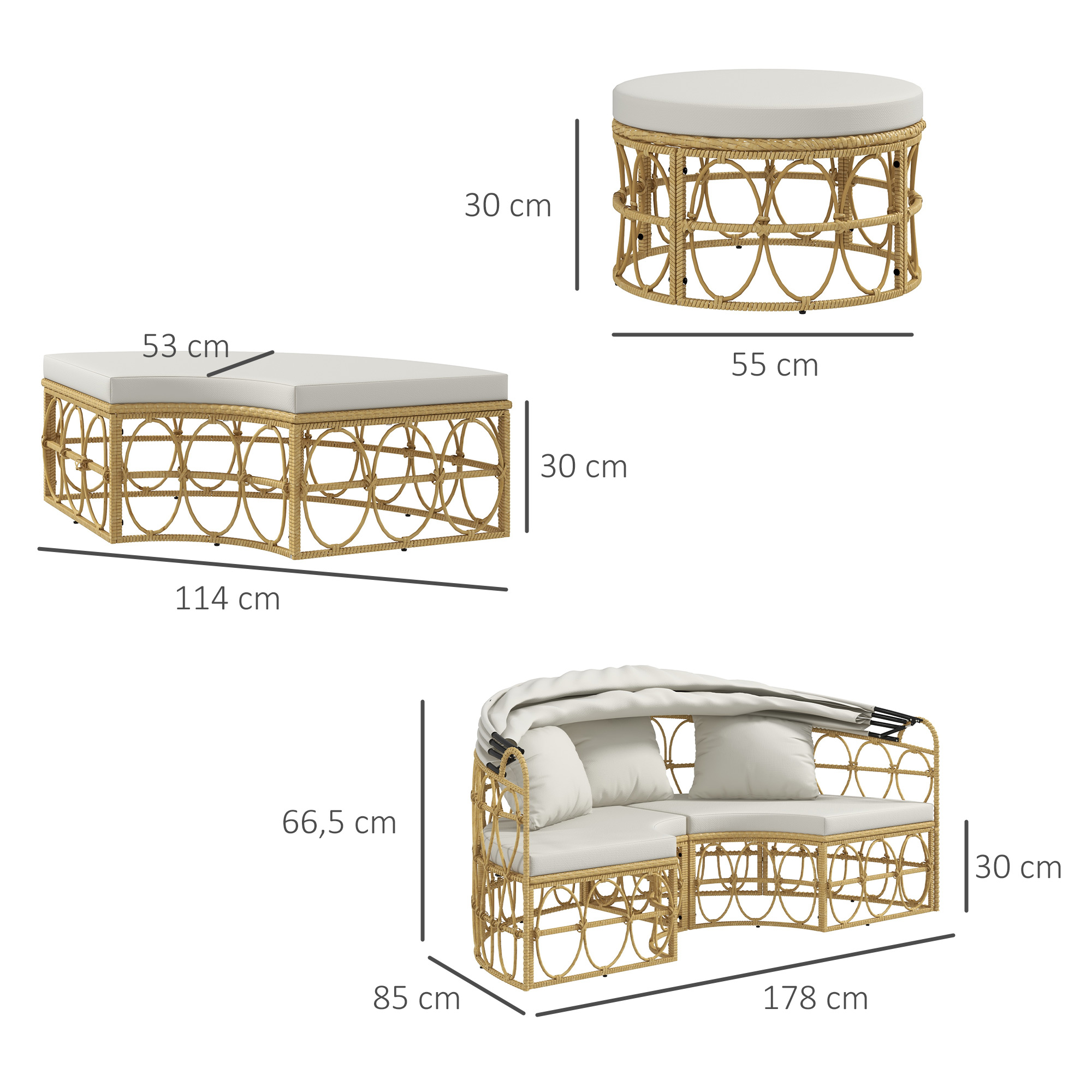 Sonneninsel, 4-teilig, ausziehbares Dach, 5 Kissen, Rattanoptik, 178B x 85T x 66,5H cm, Beige