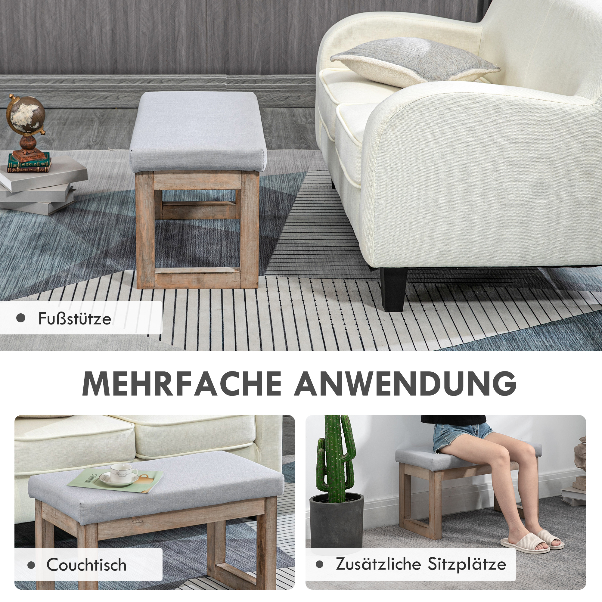 Fußbank im Skandi-Design, Sitzhocker, Fußhocker, 68 cm x 38 cm x 42 cm, Grau + Natur