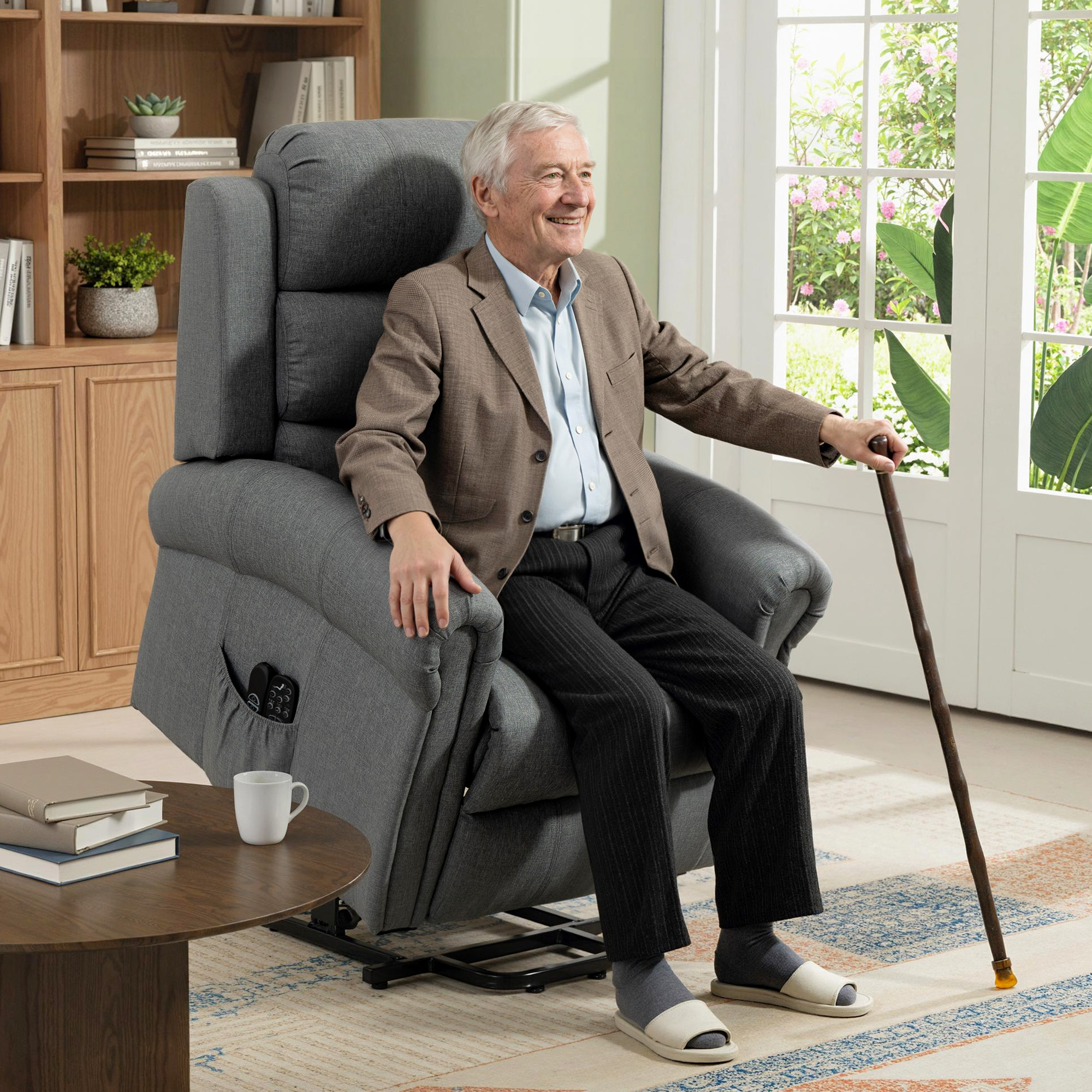 Massagesessel mit Aufstehhilfe, Relaxsessel, Vibrationsköpfe, mit Neigefunktion, Leinenoptik, Grau