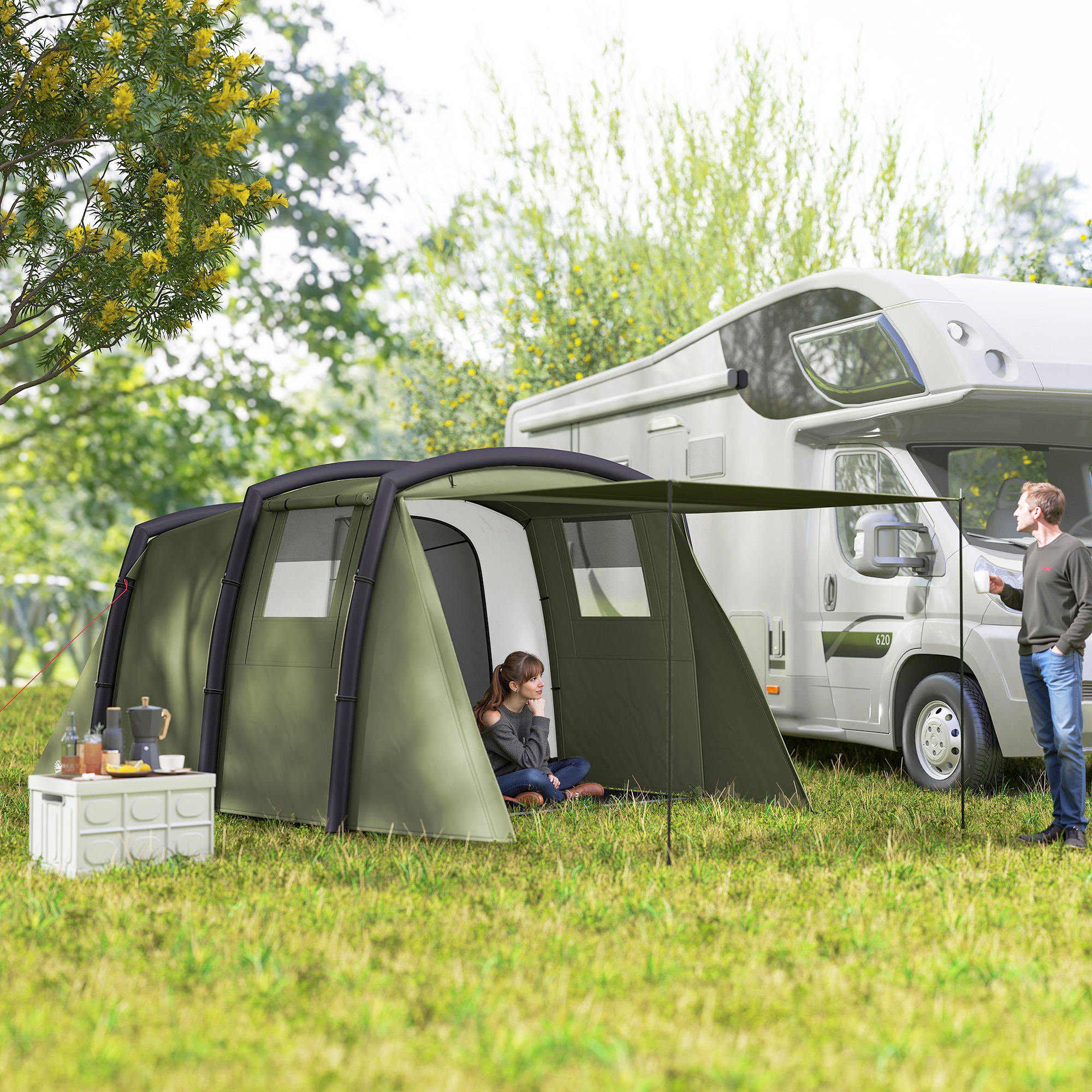 aufblasbares Campingzelt, 3-6 Personen Outdoor Tunnelzelt mit Seitenfenstern Tür Luftträger 4,4 x 2,8 x 1,95 m Grün