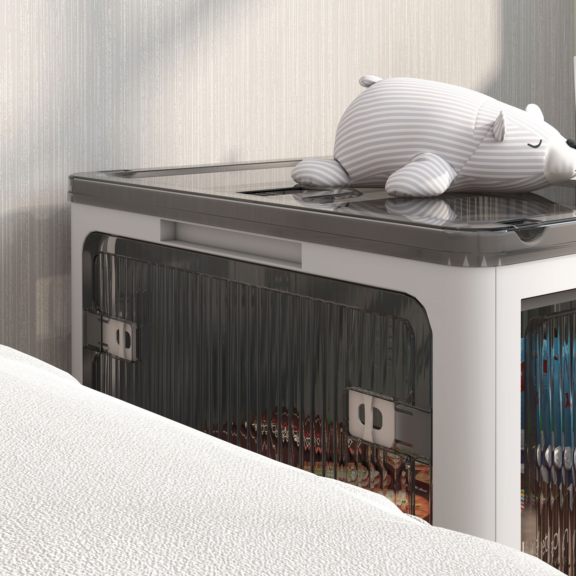 Aufbewahrungsbox Aufbewahrungskorb. faltbar, mit Staubschutz, 60 cm x 42 cm x 34 cm, Weiß + Grau