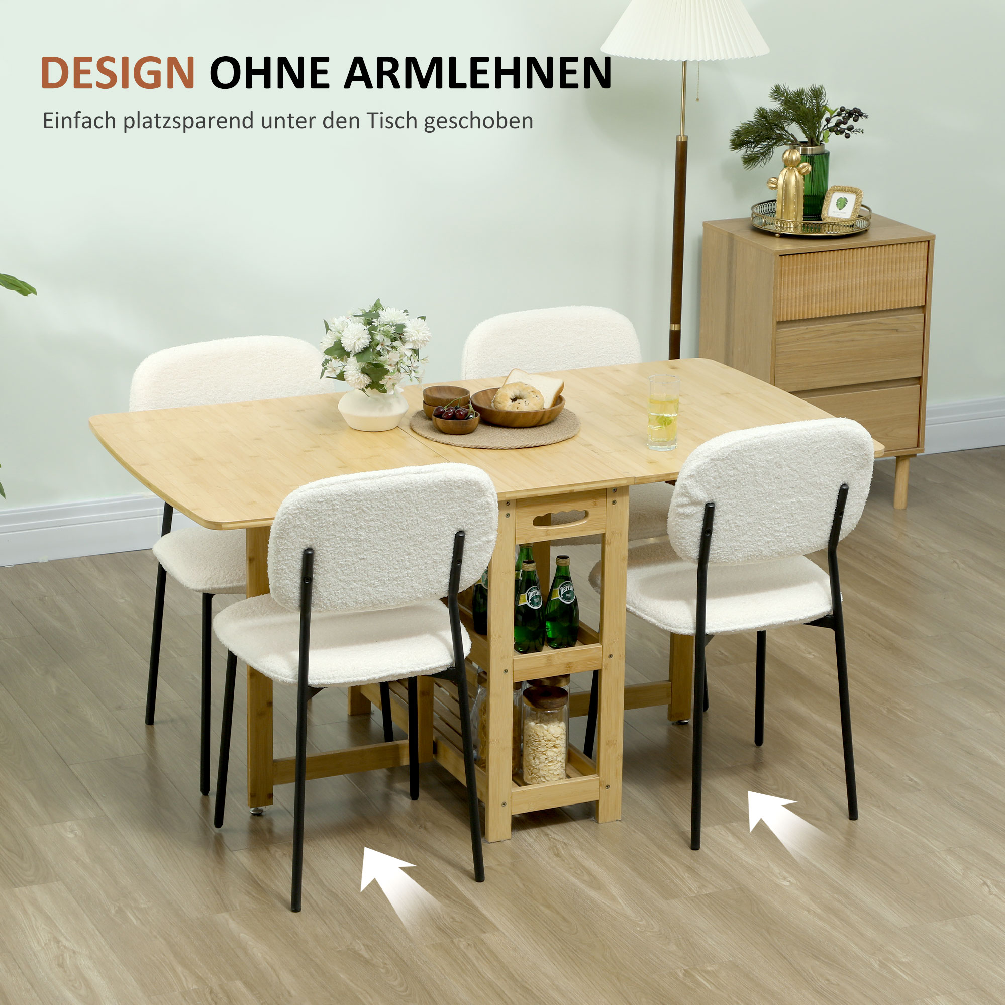 4er-Set Esszimmerstühle, weicher Stoffbezug, Stahlbeine, armloses Design, Weiß