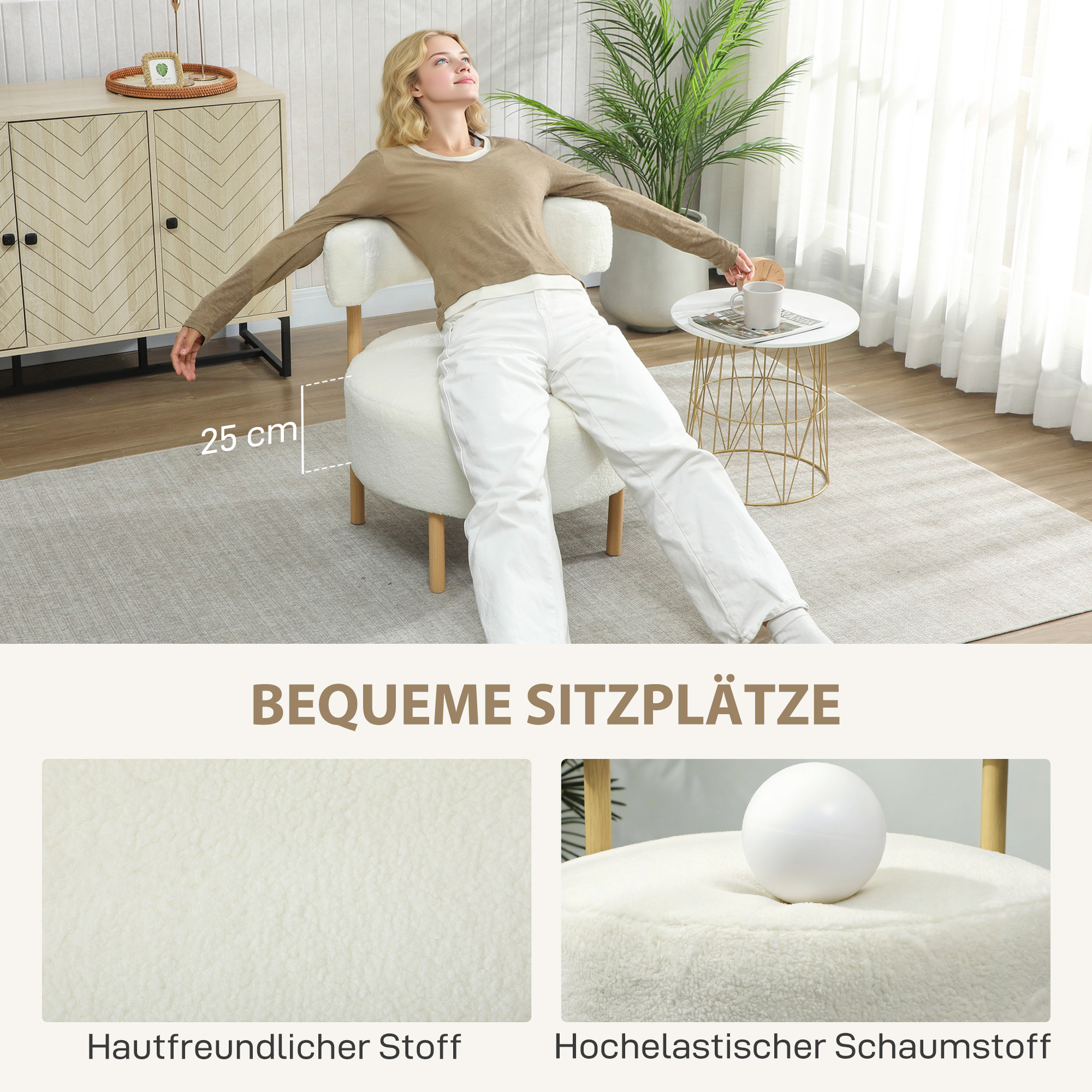 Sessel Loungesessel Relaxsessel mit Sherpa-Fleece, Metallbeinen in Holzoptik Polstersessel 67 x 67 x 71 cm Cremeweiß