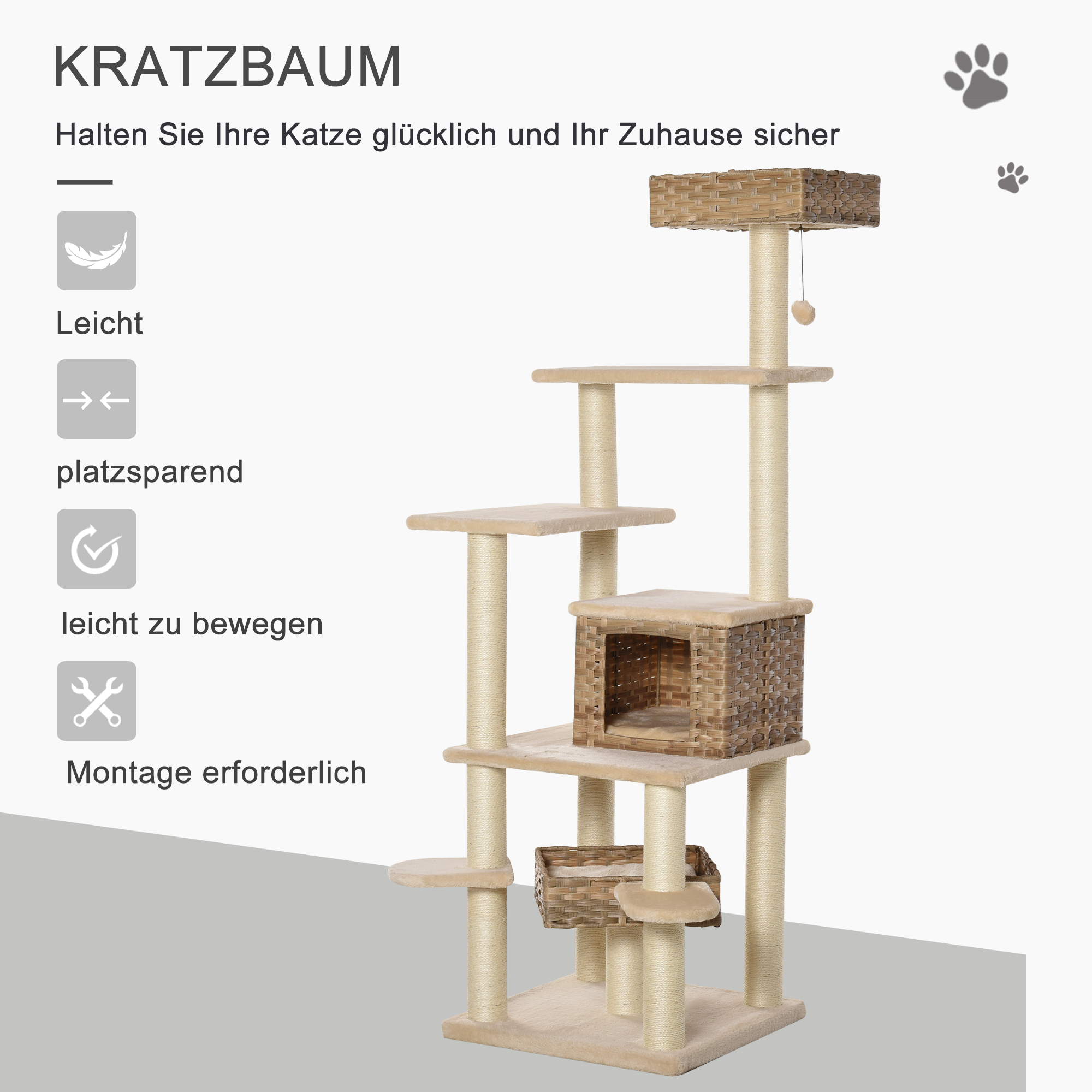 Rattan Kratzbaum mit Katzenhöhle Mehrstufiger Katzenbaum Kletterbaum für Katzen E1 MDF Sisal Beige+Braun 55 x 55 x 174 cm