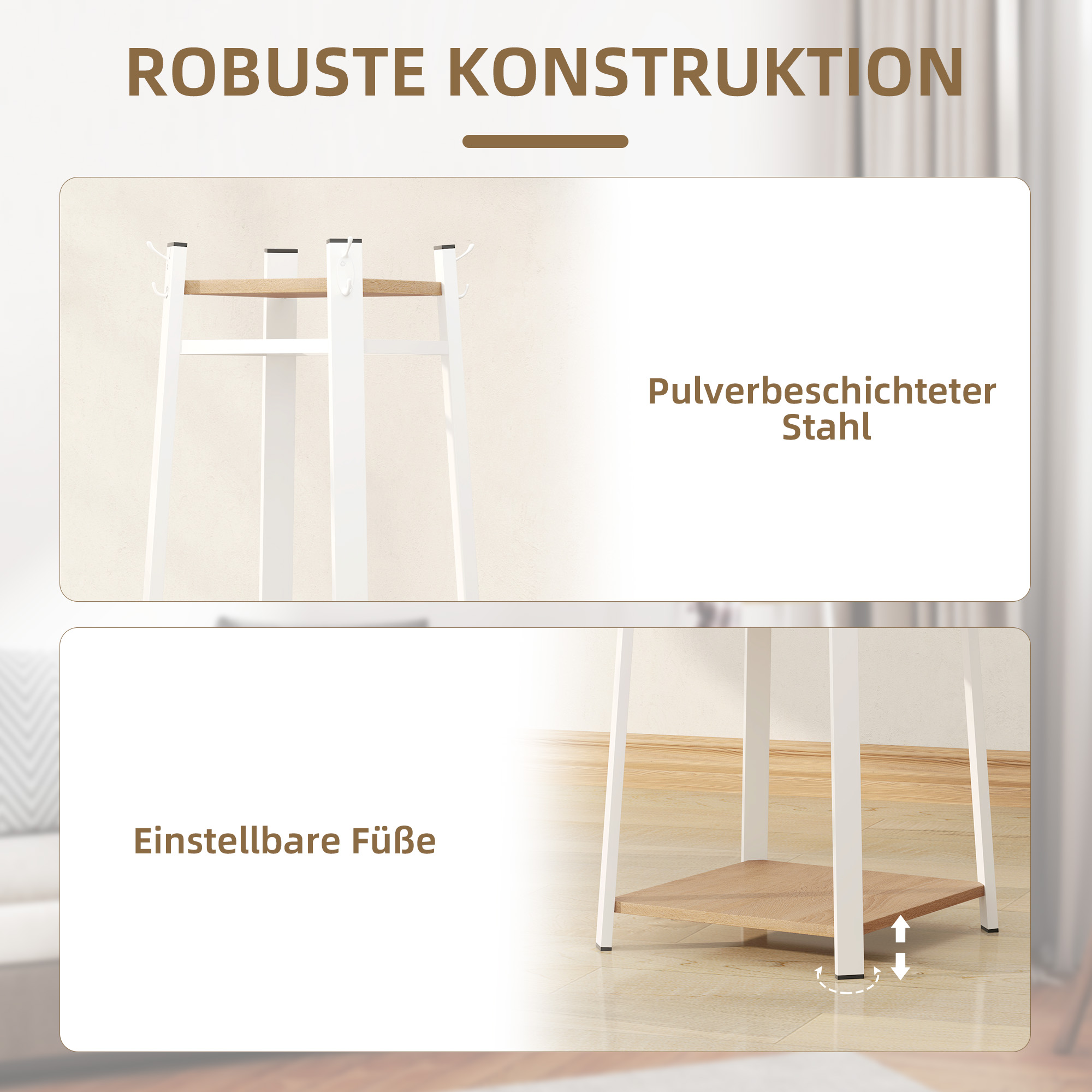 Kleiderständer, Trapez-Design, dreistufig, 8 Doppelhaken, Stahll, Weiß+Eiche