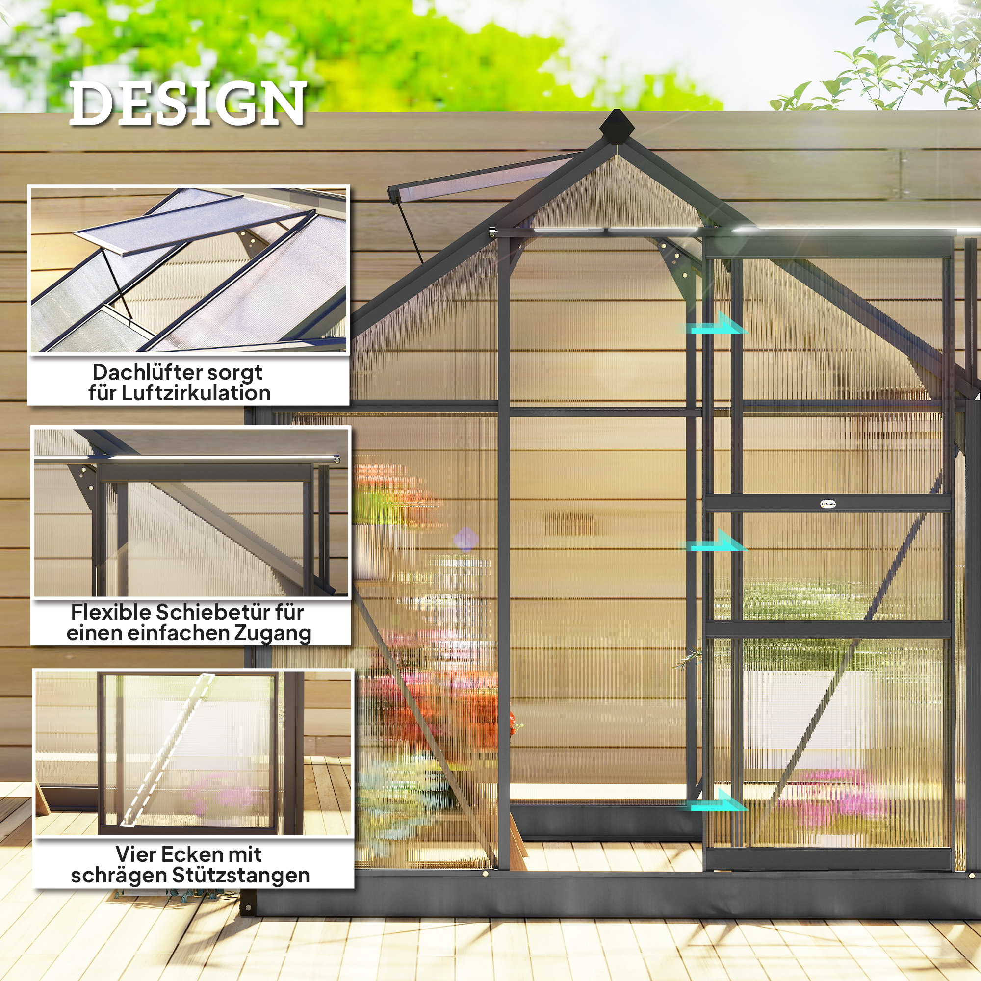 Gewächshaus Aluminium 3,65m² 190x192x201cm mit Fundament Dachfenster Schiebetür 4 mm Platten, UV-beständig