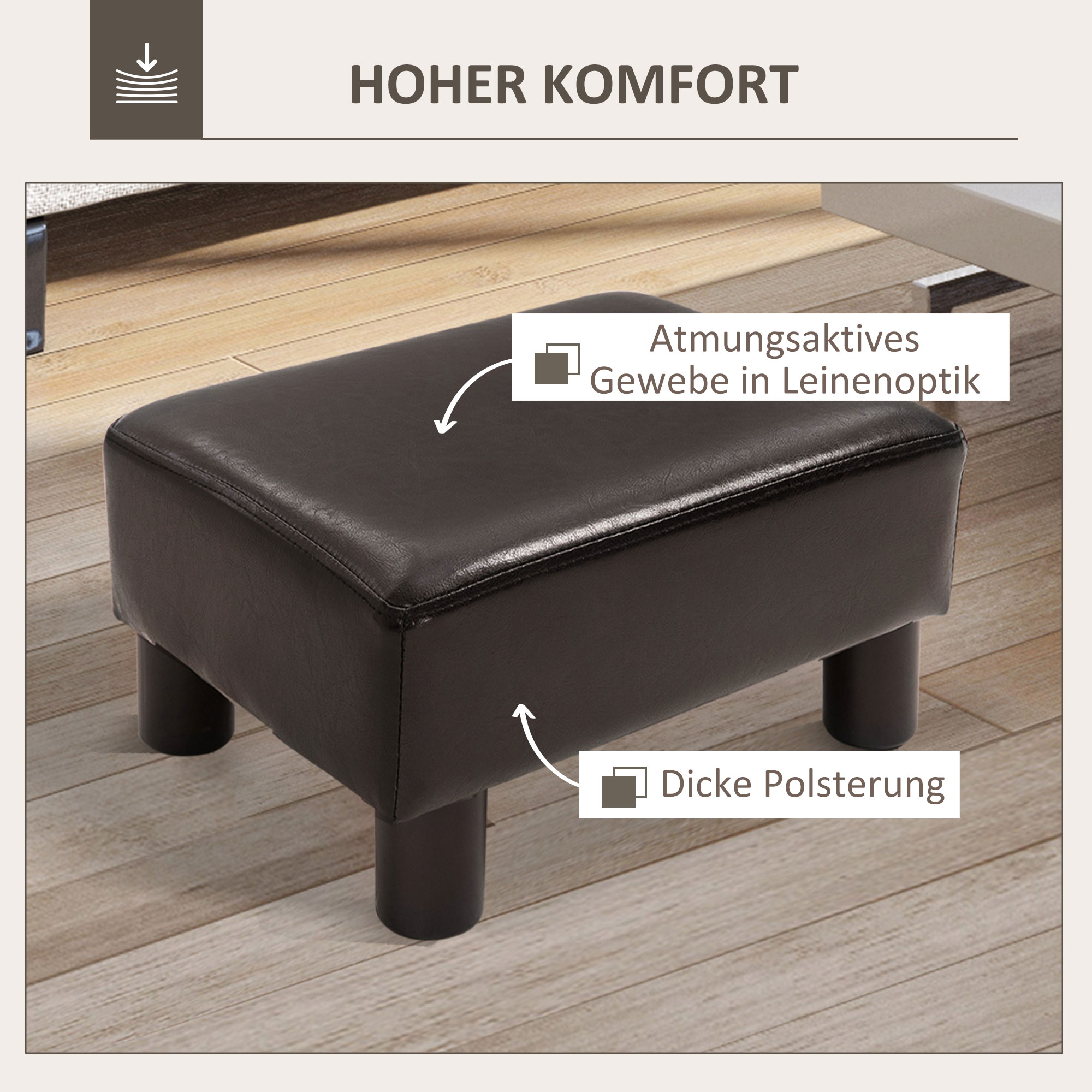Hocker mit Stoffbezug in Kunstlederoptik, bis 110 kg, Kaffee, 40 x 30 x 24cm