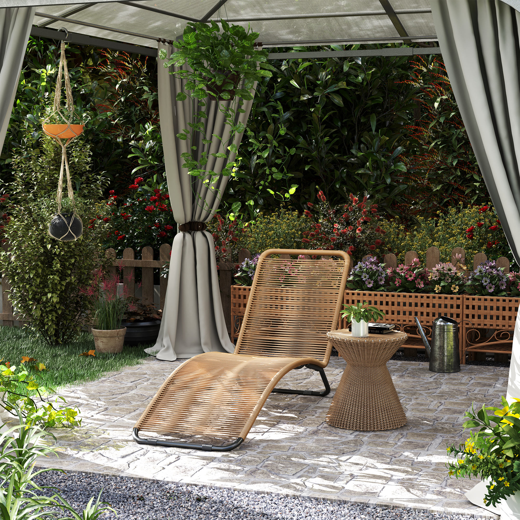 Rattan-Sonnenliege, S-förmiger Liegestuhl mit Rattangeflecht, Korbliege mit Stahlrahmen, Braun