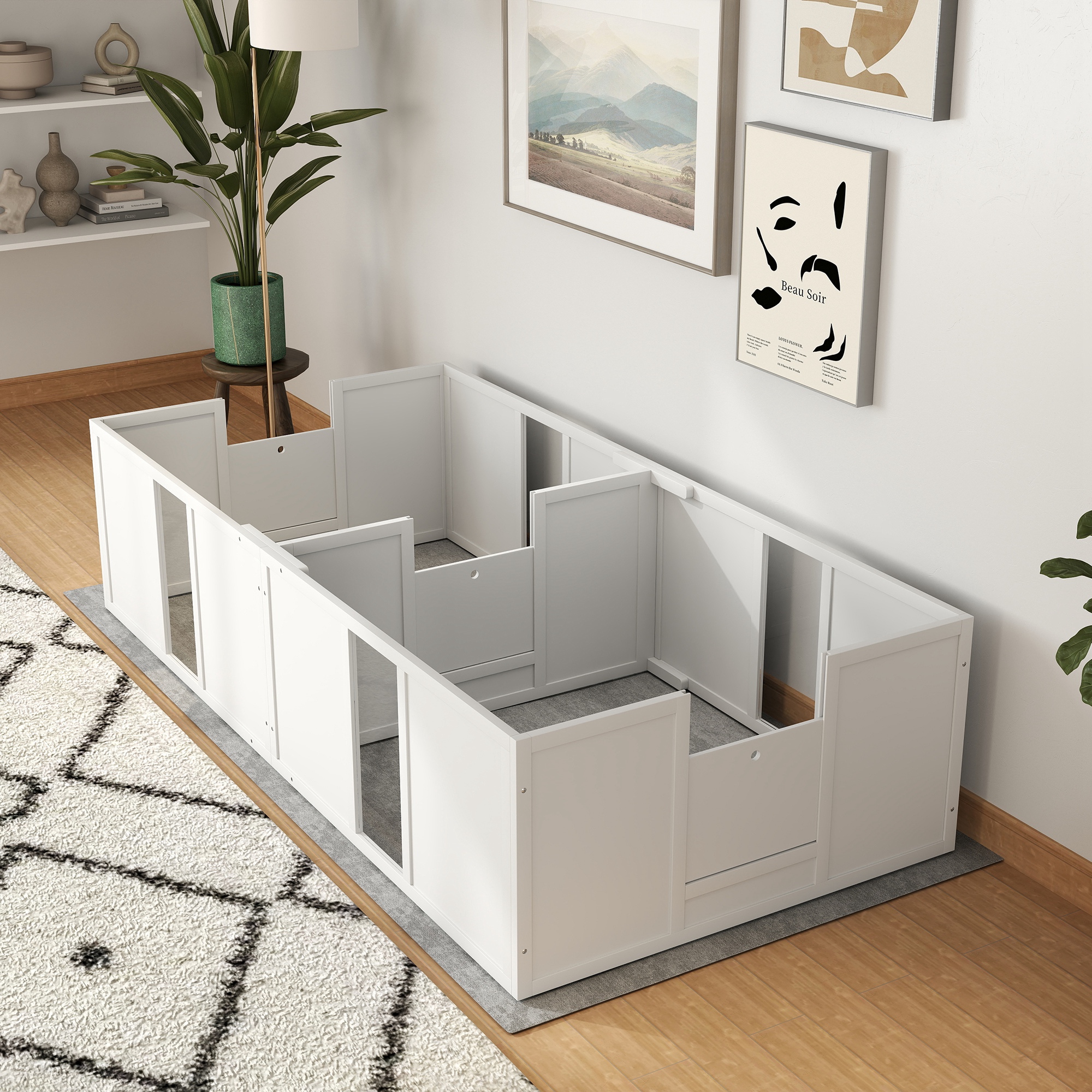 Wurfkiste für Welpen, teilbar in 2 Räume, Acrylfenster, 196 x 96 x 48 cm, Weiß