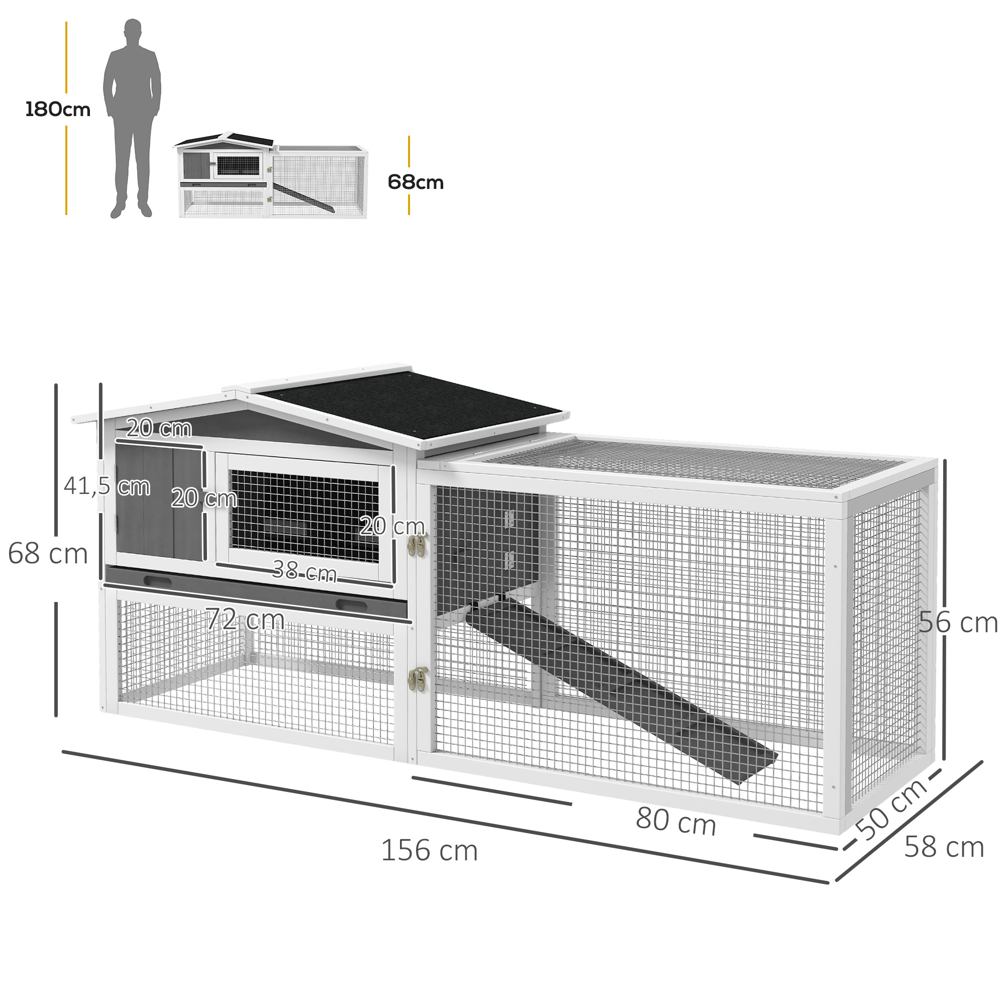 Kaninchenstall aus Tannenholz, Kleintierhaus mit Asphaltdach, Kleintiergehege, 156 x 58 x 68 cm, Hellgrau