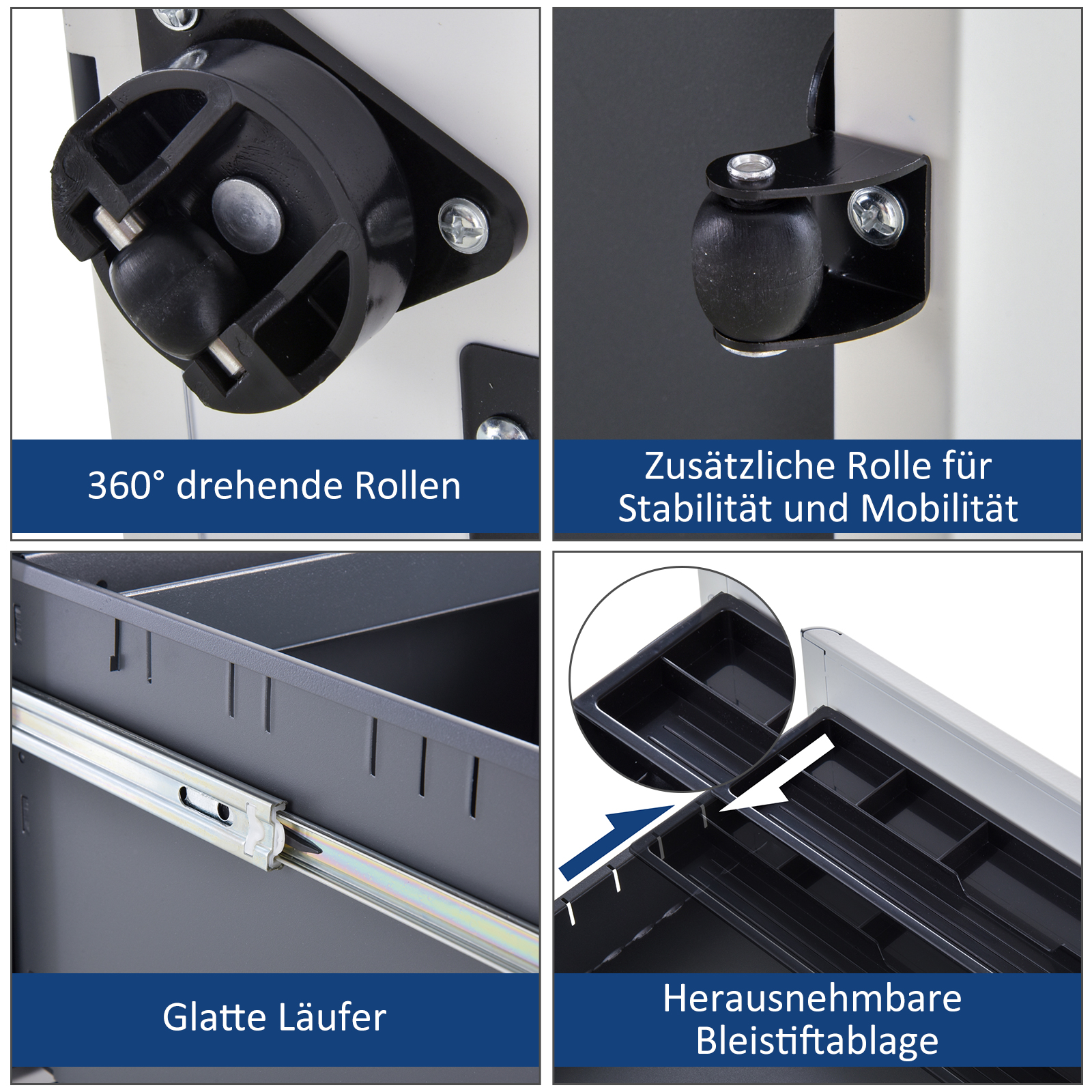Rollcontainer, mobiler Aktenschrank mit 3 Schubladen, abschließbarer Büroschrank mit Hängeregistratur, Aufbewahrung, Stahl, 39 x 48 x 59 cm Weiß