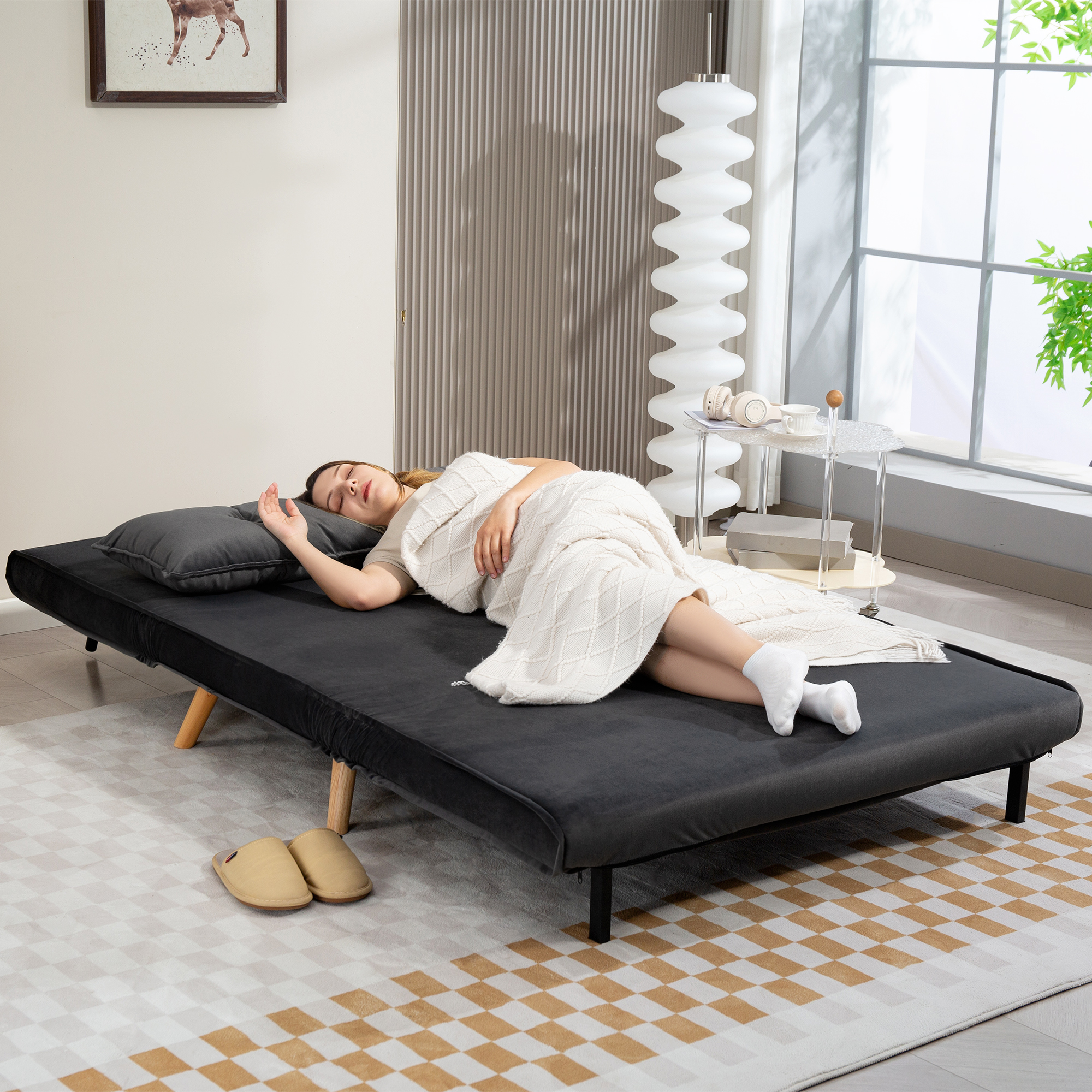 2-Sitzer-Schlafsofa, Bettsofa, in Bett umwandelbare Couch, verstellbare Rückenlehne, Stoffbezug, Metallrahmen, Grau