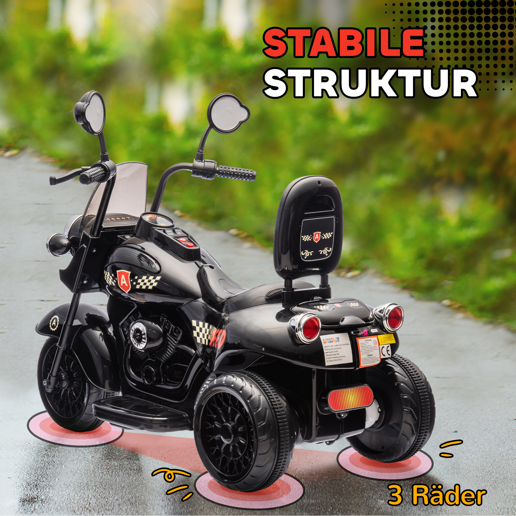 Elektro-Kindermotorrad, 3-5 km/h, Chopper, Licht & Musik, für Kinder 3-6 Jahre, Schwarz