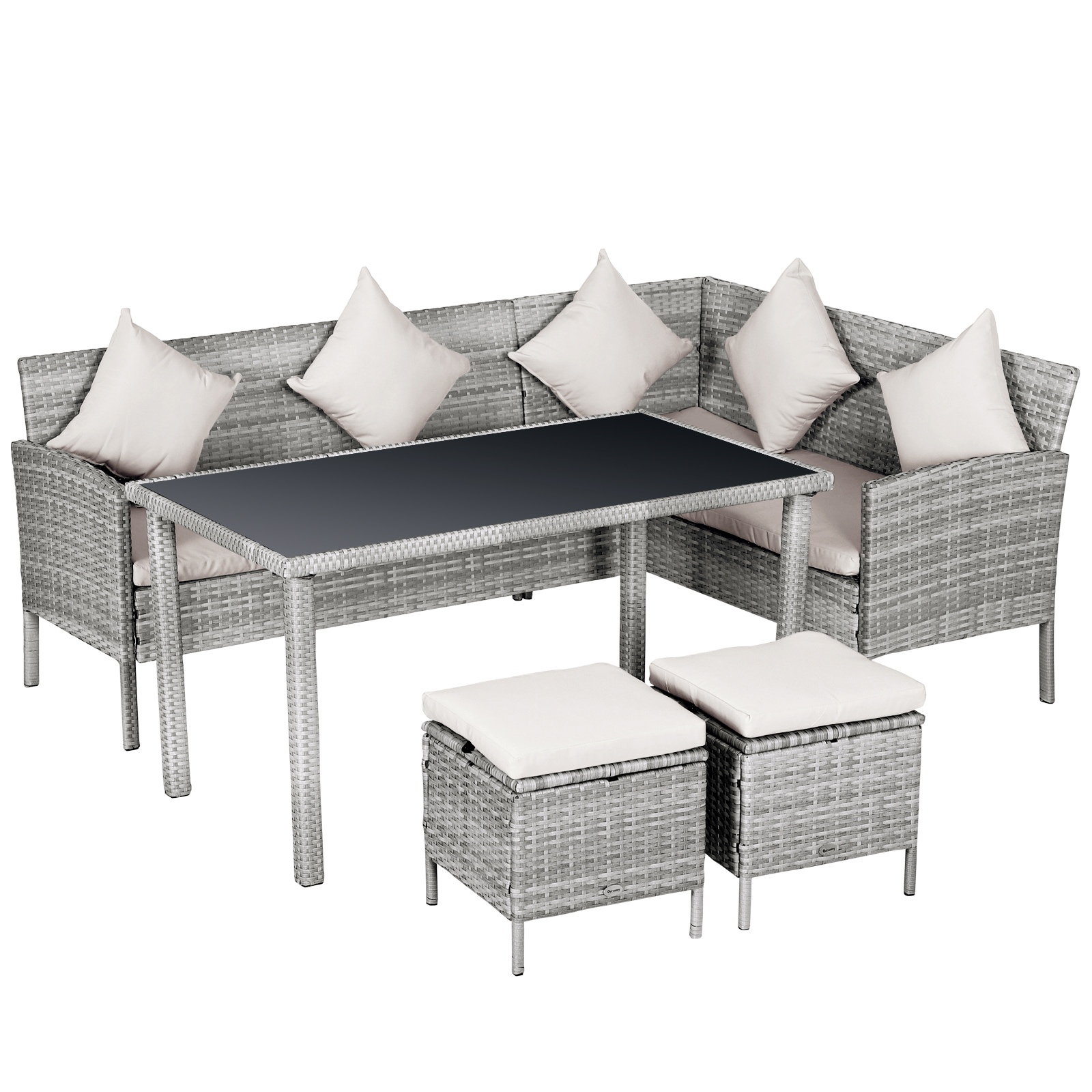 5-tlg, Gartenmöbel Set, Rattan Sitzgruppe mit Fußhocker, Metall, Grau, 142 x 60 x 75 cm