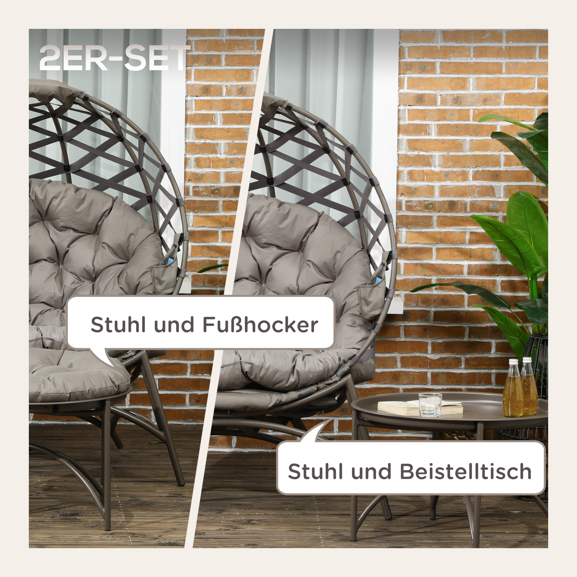 Gartenstuhl-Set, 2-tlg,, Hocker/Beistelltisch, gr, Sitzkissen, Stahlrahmen, Farbe: Sand, 118 x 75 x 142 cm