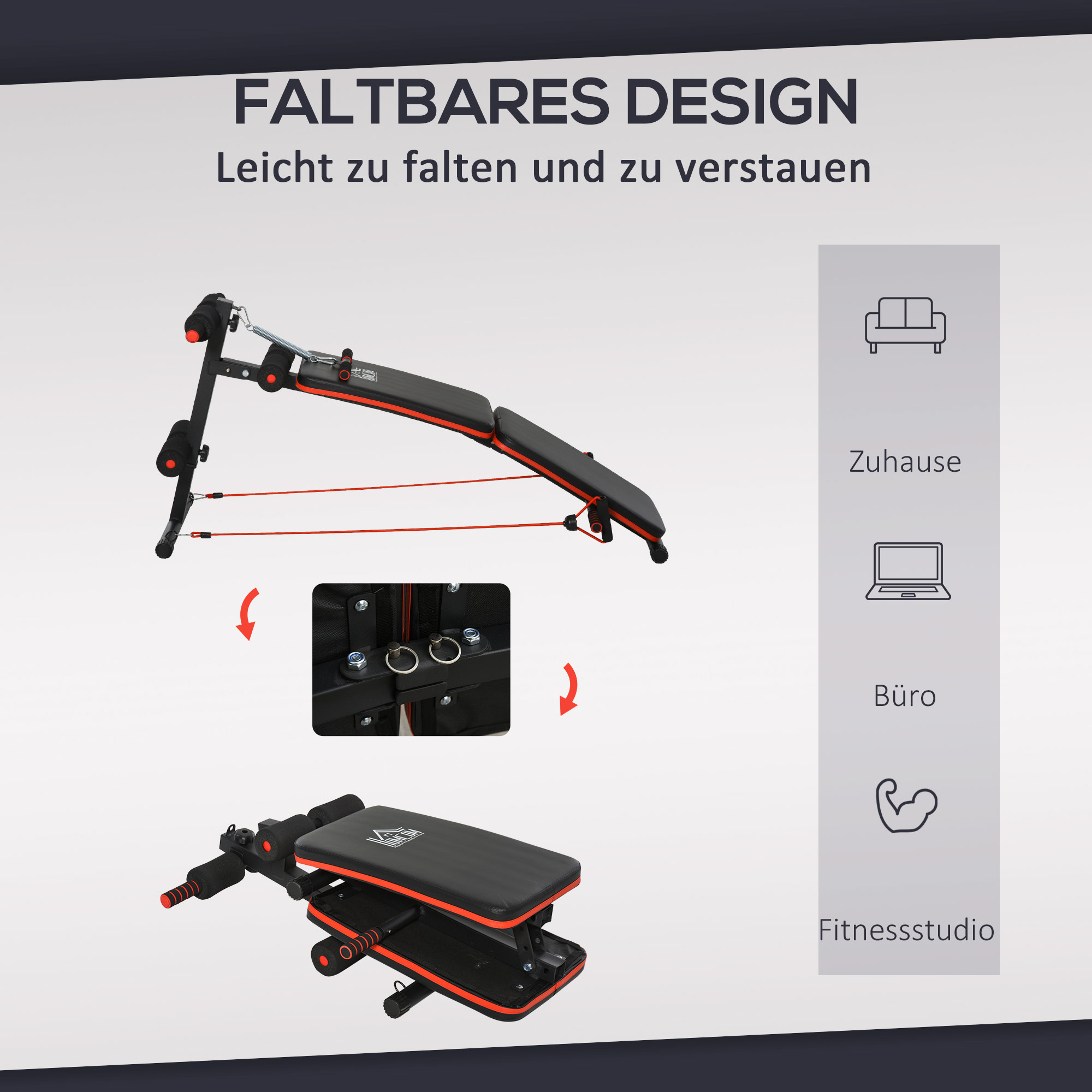 Sit Up Bank Bauchtrainer mit Trainingsseile Trainingsbank Multifunktion Verstellbar&klappbar 110 kg Belastbarkeit Stahl Schwarz+Rot 137 x 51 x 50-66 cm