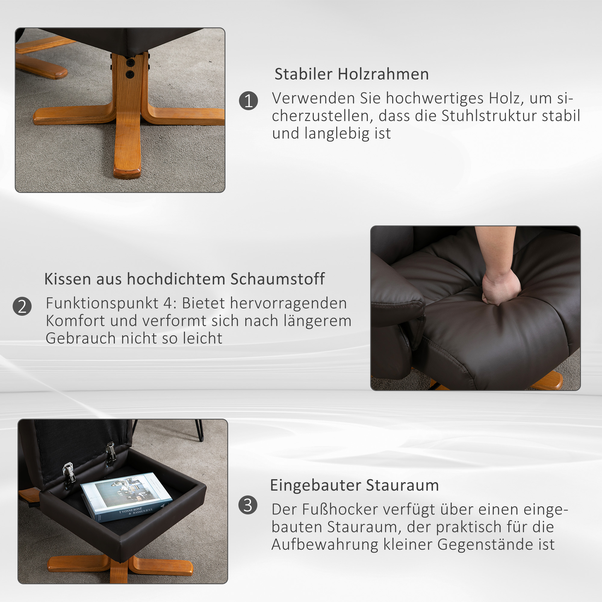 Relaxsessel mit Liegefunktion Massagesessel mit Fußhocker Fernsehsessel TV Sessel 145°-Neigung Liegesessel Ergonomischer Stuhl mit 10 Vibrationpunkte Kunstleder Braun 80 x 86 x 99 cm