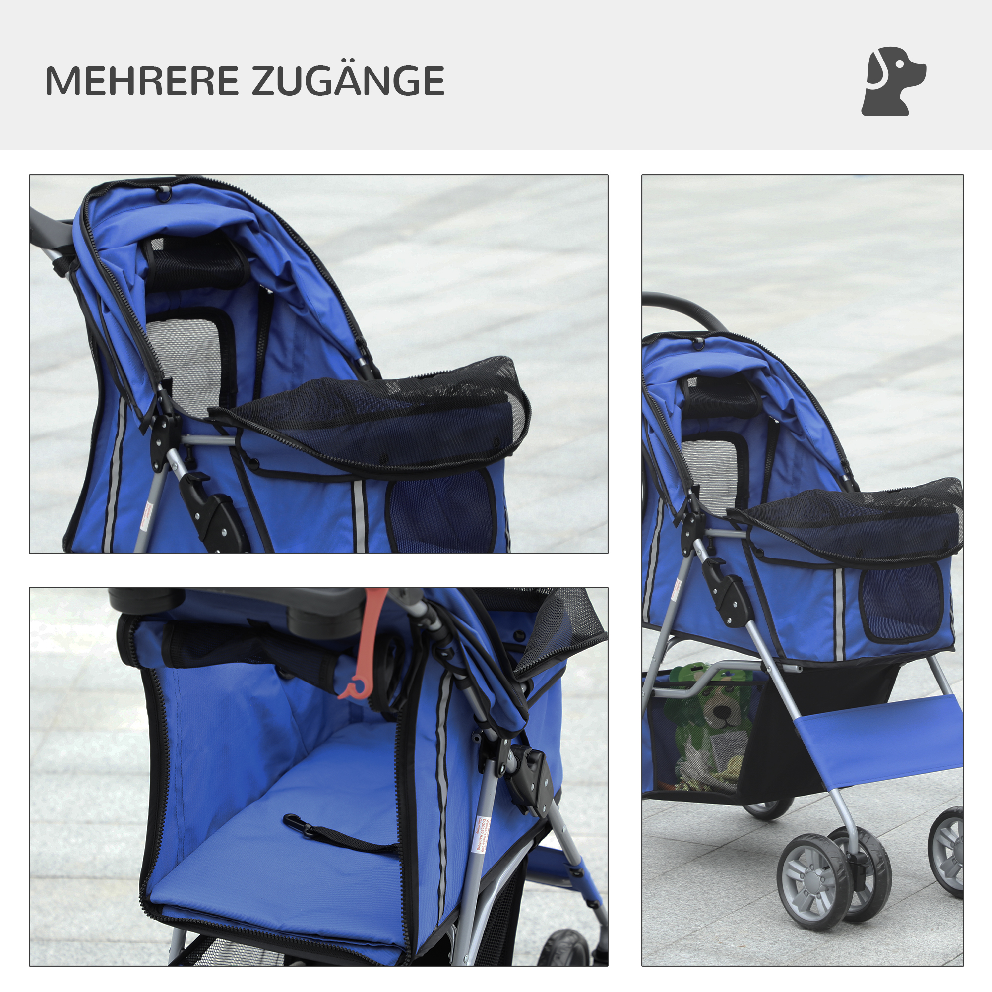 Hundebuggy Hundewagen bis 10 kg Klappbar Regenschutz Bodenkorb 2 Becherhalter 75 cm x 45 cm x 97 cm, Blau