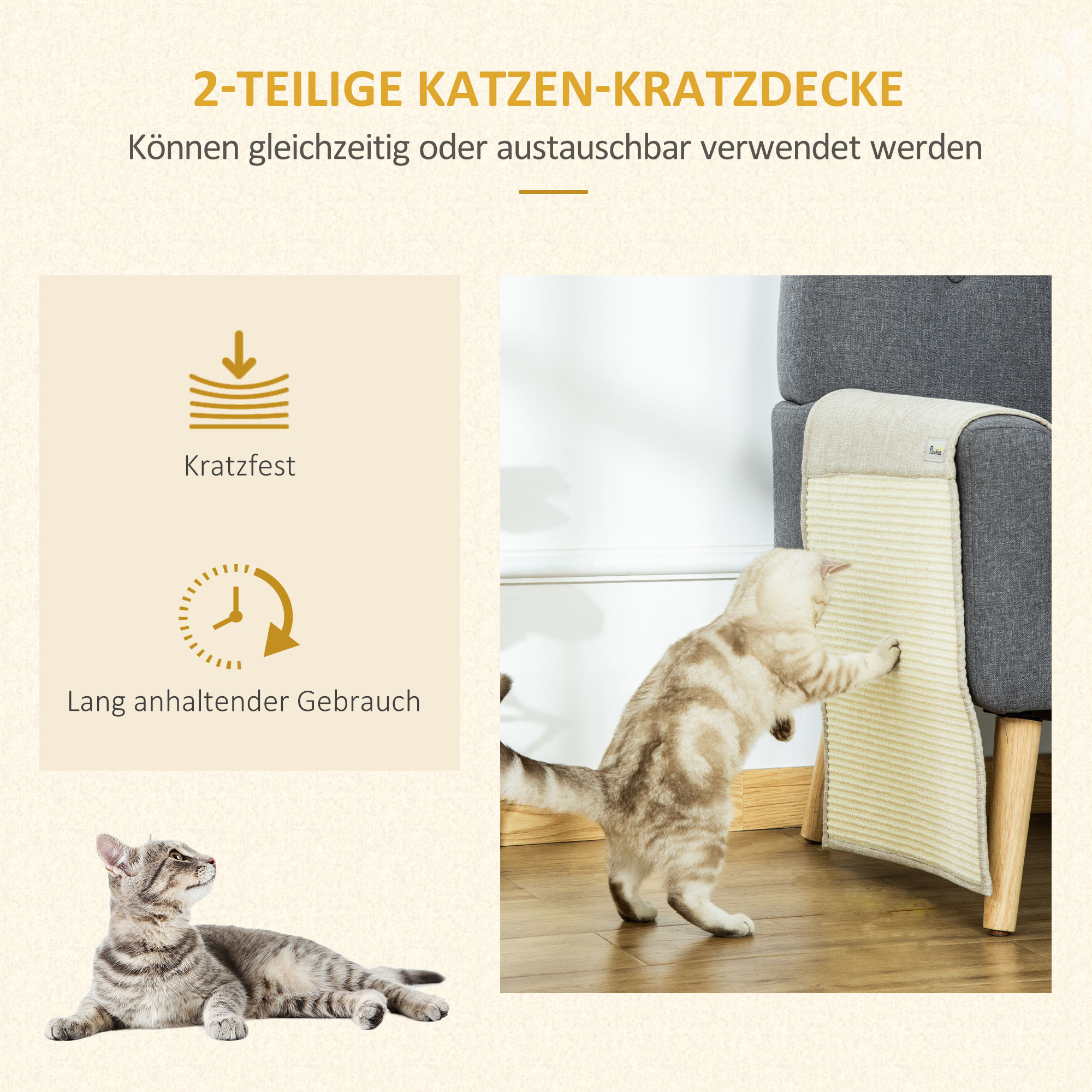 2er Kratzmatte Kratzschutz Sofa Sisal Kratzteppich für Katze Sessel Couch Katzenkratzmatte Beige+Grau 130 x 45 x 0,3 cm