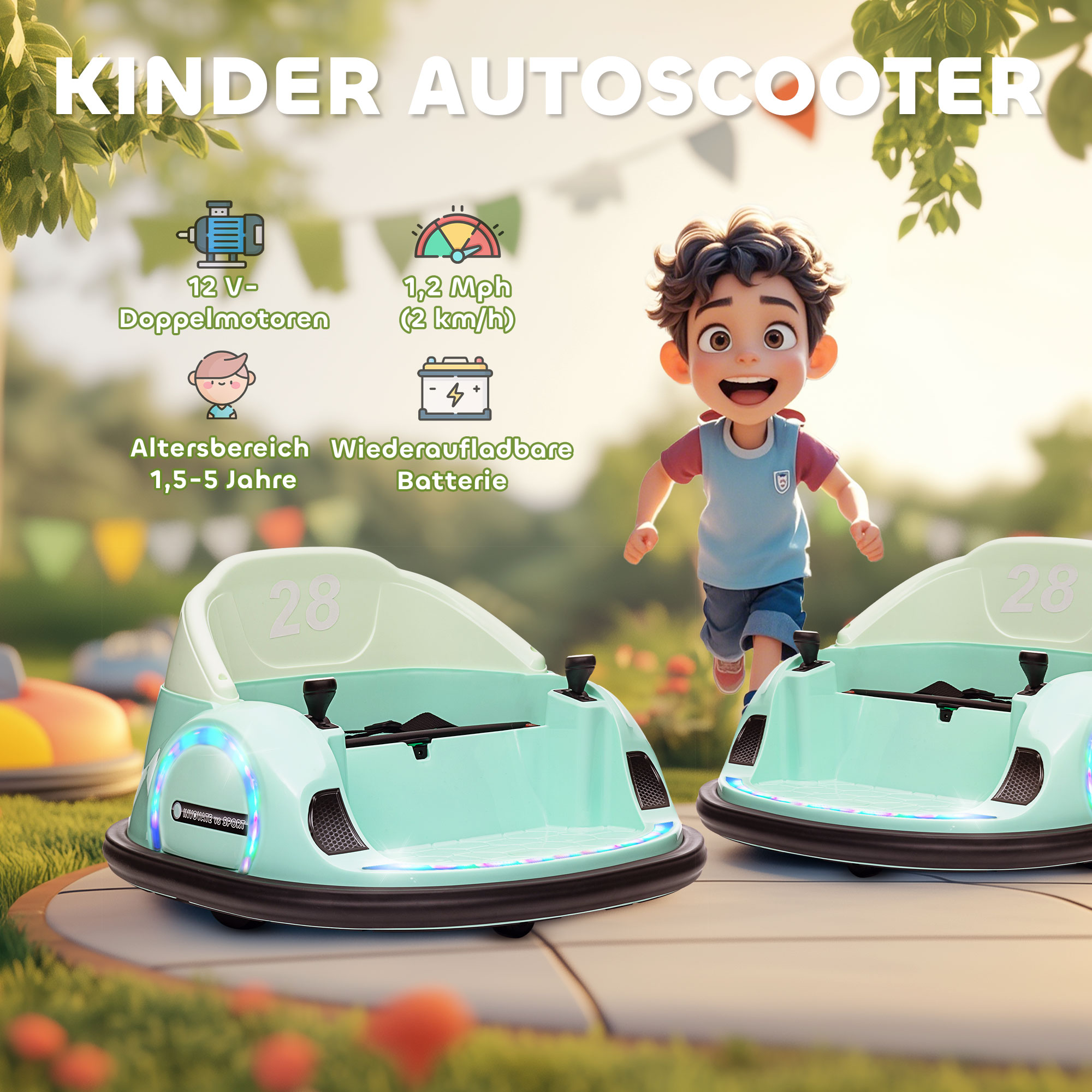 Autoscooter, 360° Rotation, 2 km/h Geschwindigkeit, Sicherheitsgurt, LED-Lichter, Musik und Hupe, Grün