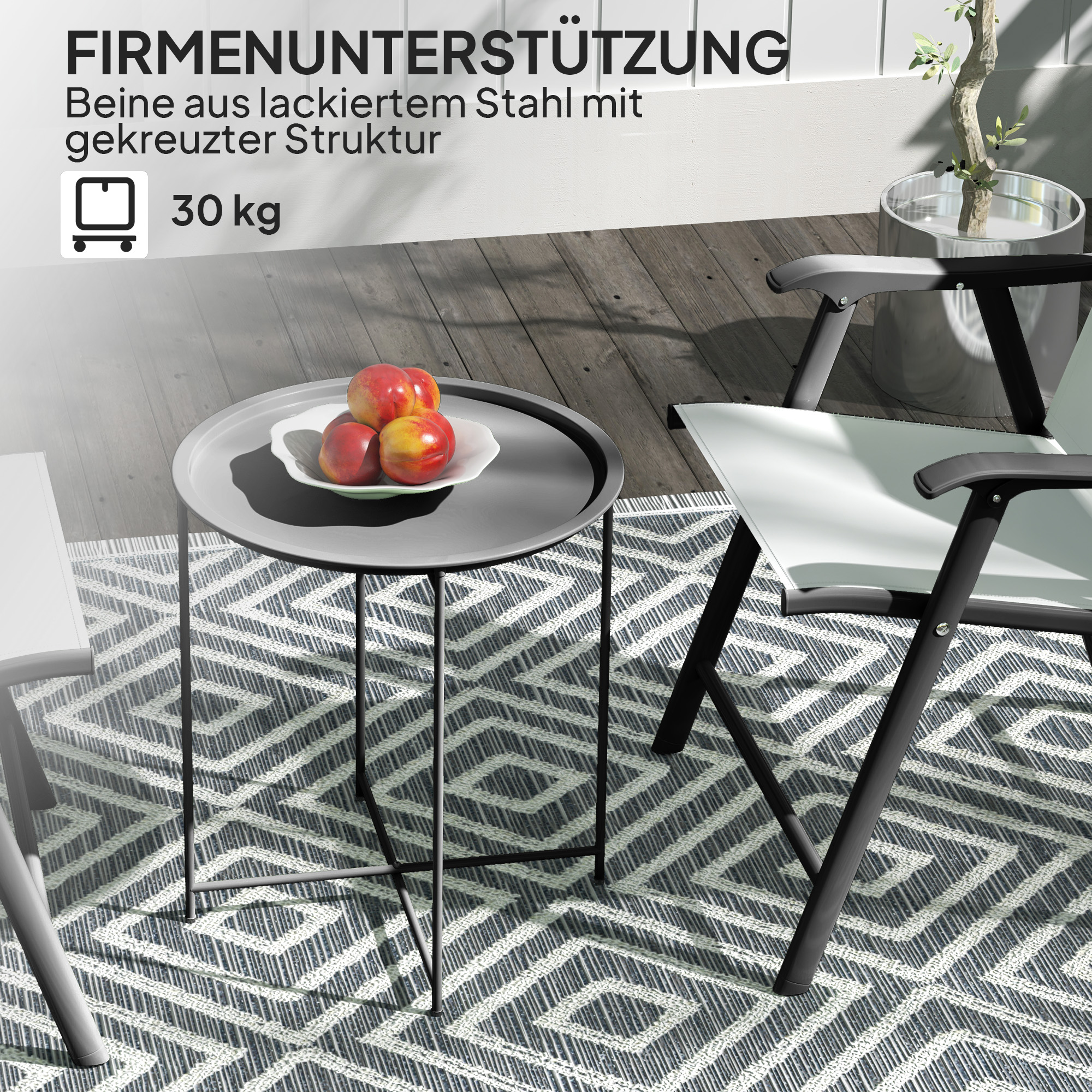Gartentisch, Runder Außen-Beistelltisch aus Stahl mit herausnehmbarem Tablett, faltbares Design, Terrassentisch, Schwarz