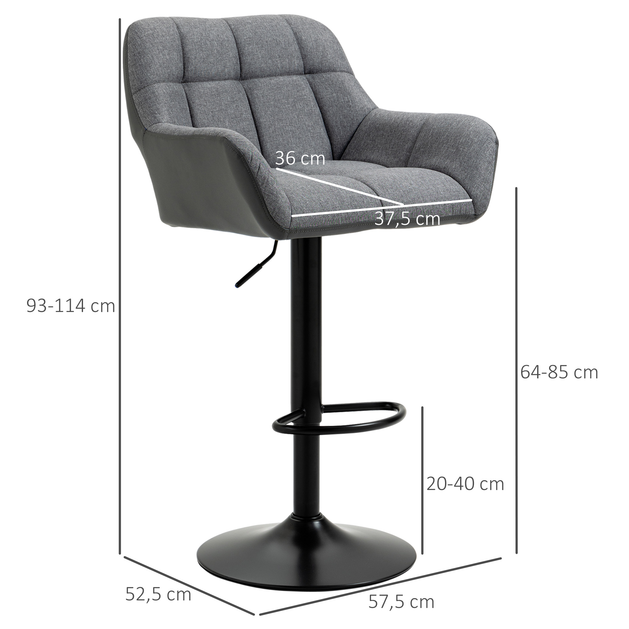 Barhocker 2er-Set Retro-Design höhenverstellbar Kunstleder Leinenoptik Grau + Schwarz