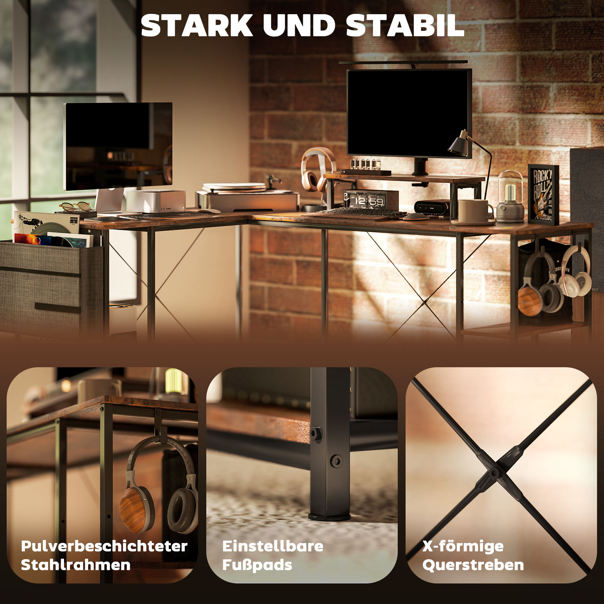 L-förmiger Schreibtisch, Vielseitiger Bürotisch mit einstellbaren Regalen und Aufbewahrungstasche, Monitorständer, Braun