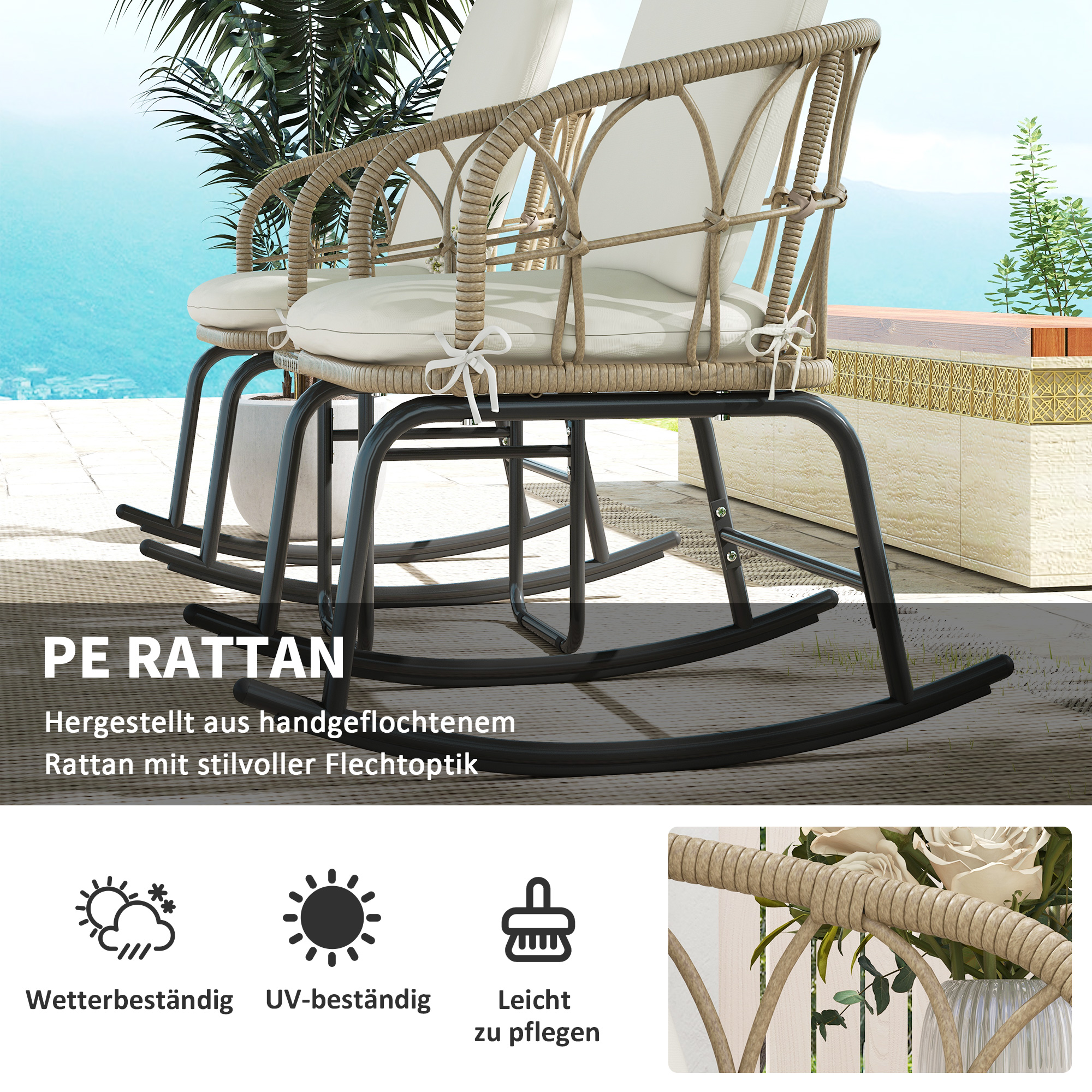 Schaukelstuhlset Schaukelstühle Bistro-Set, Bohostil, PE-Rattan, wetterbeständig, Creme