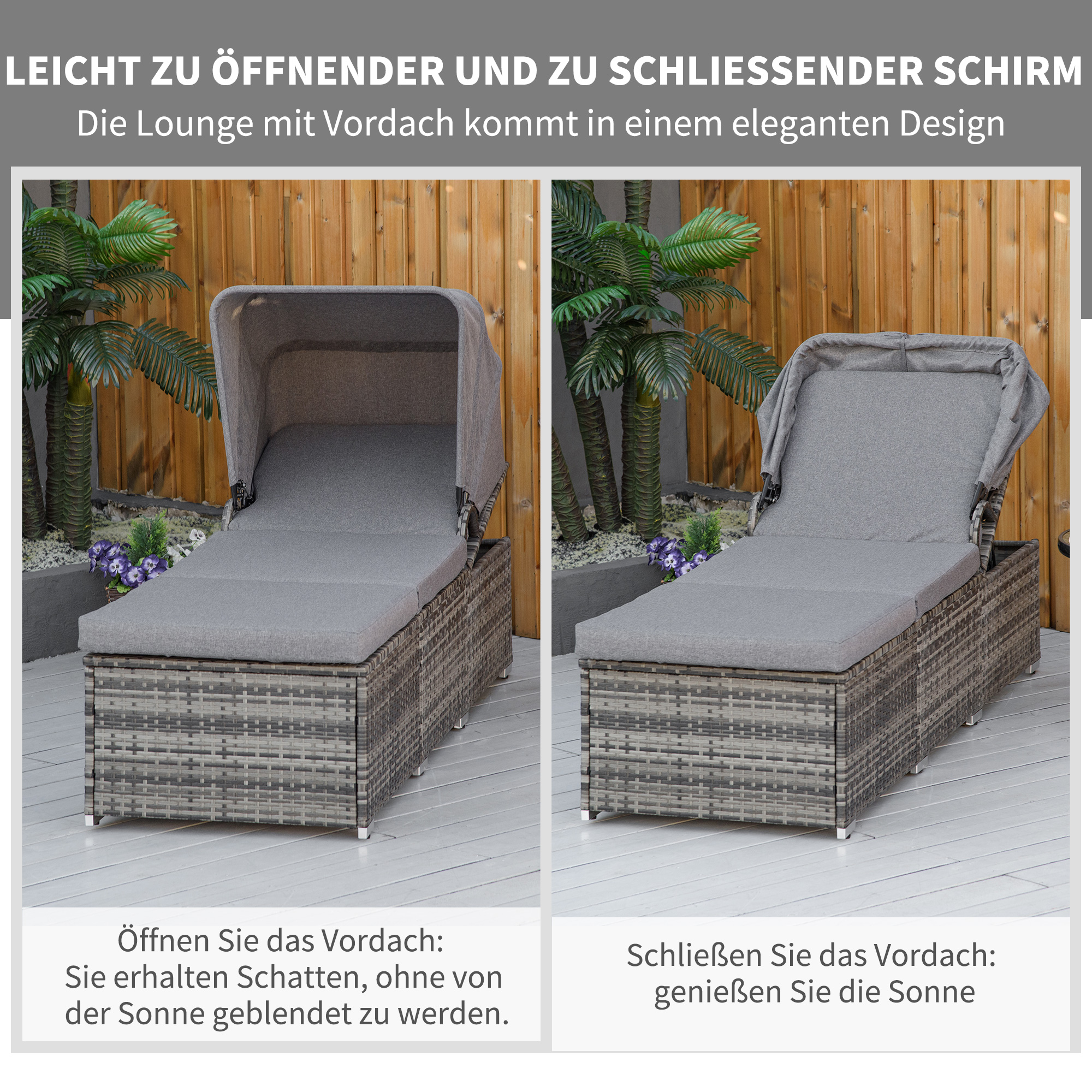 Sonnenliege aus Polyrattan mit Sonnendach Gartenliege verstellbar Rattanliege Gartenmöbel Liege mit Kissen Grau 195 x 65 x 40 cm