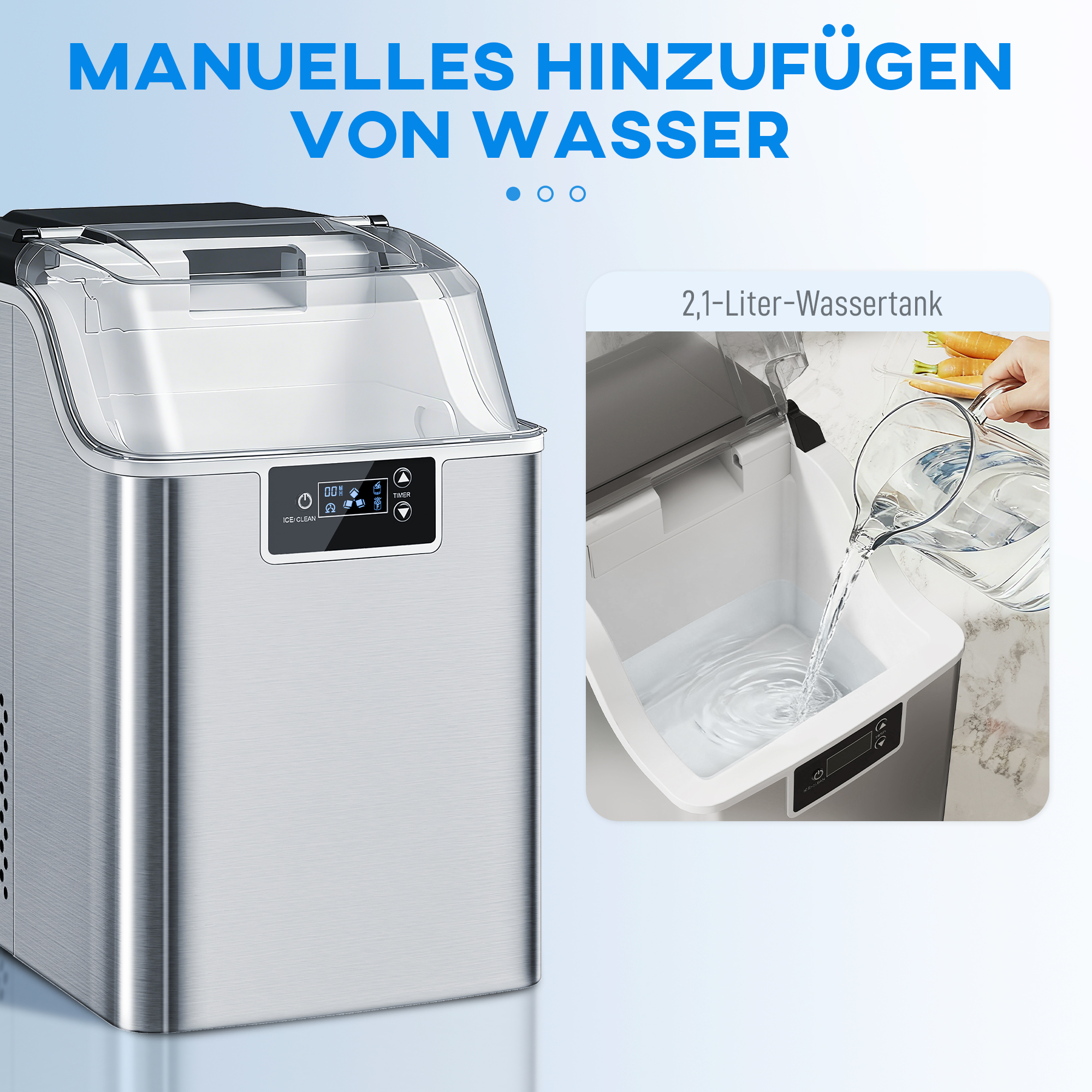 Eiswürfelmaschine, Eiswürfelspender, Ice-Maker, 20 kg/24h Eiswürfelbereiter mit 2,1 L Wassertank, Silber