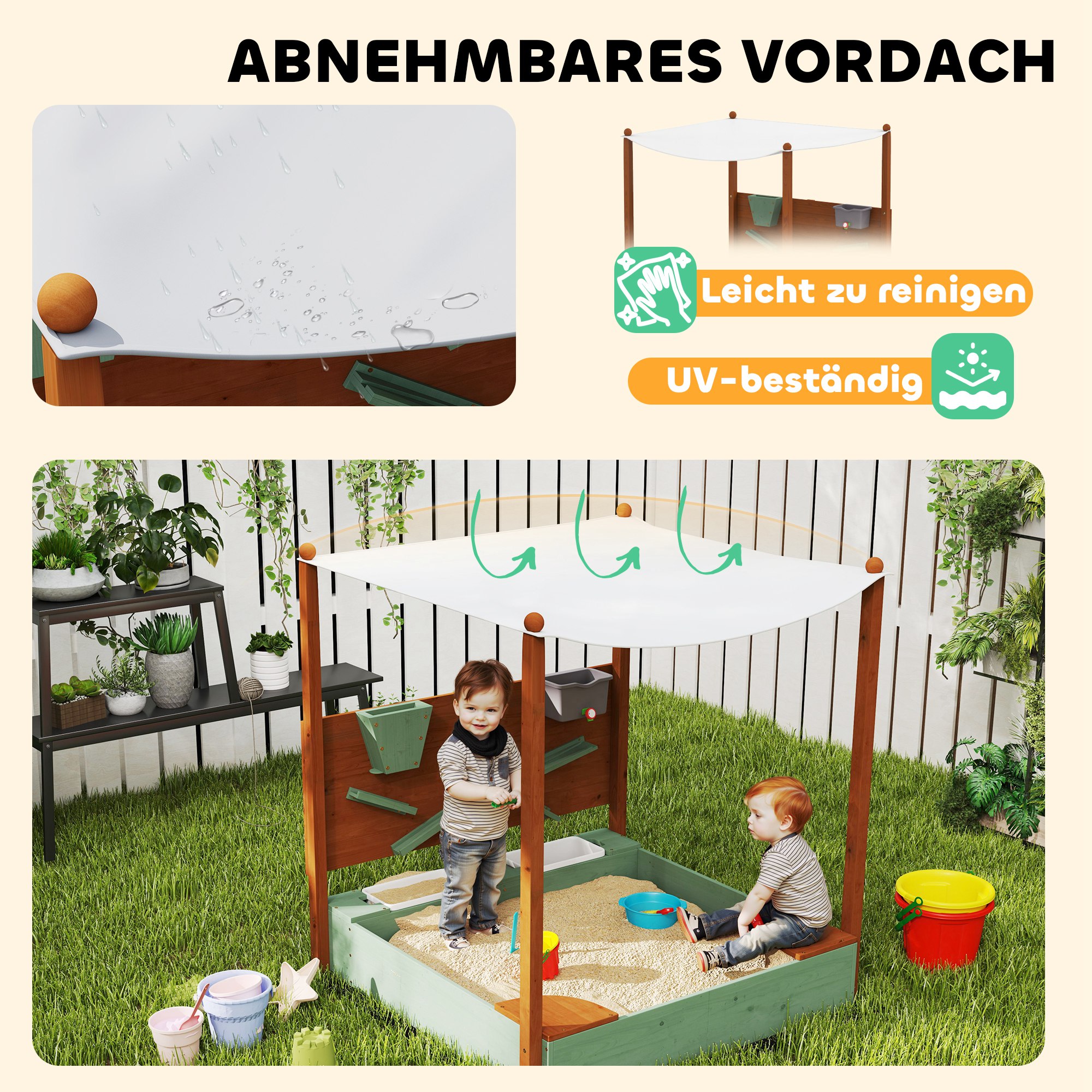 Sandkasten mit Sonnendach für Kinder, 2 Aufbewahrungsbehälter, 116L x 112,5B x 128H cm, Tannenholz, Kunststoff, Grün