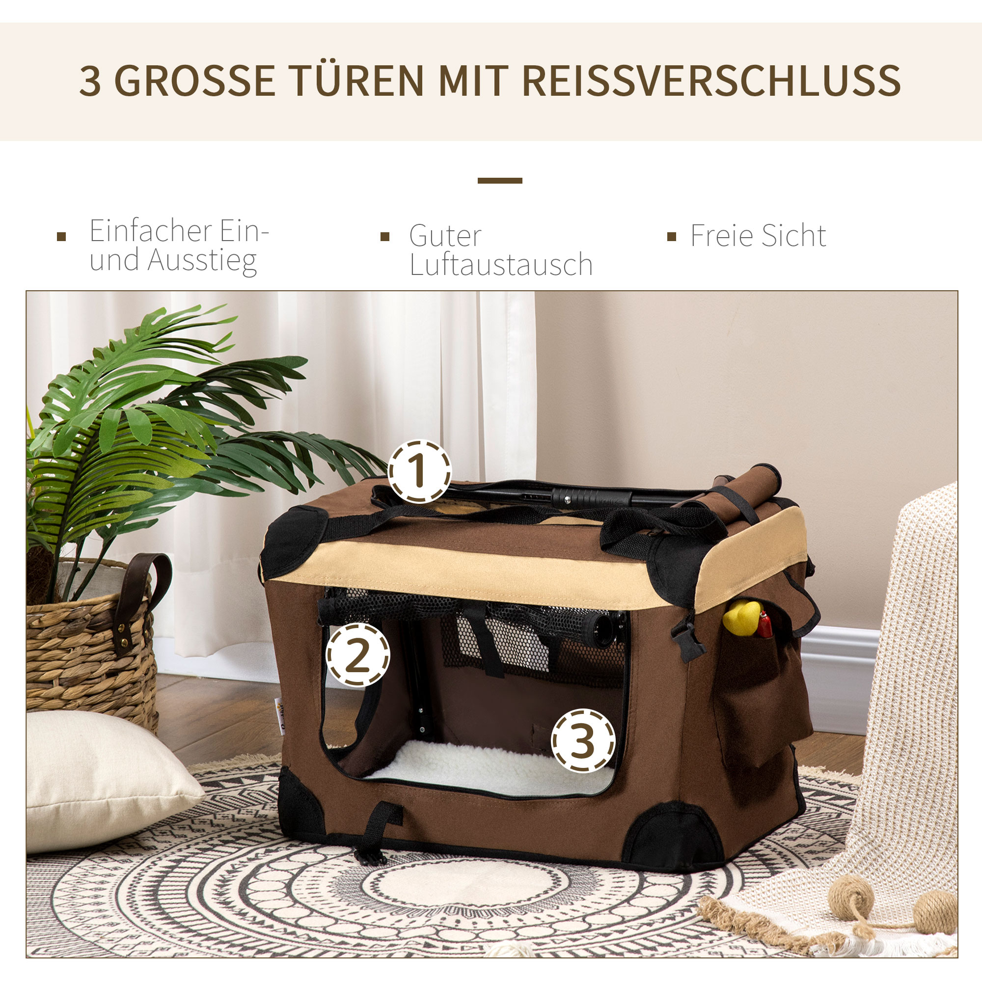 Hundetasche Hundetransporttasche, 3 Eingänge, faltbar, 70 x 51 x 50 cm, Braun + Beige