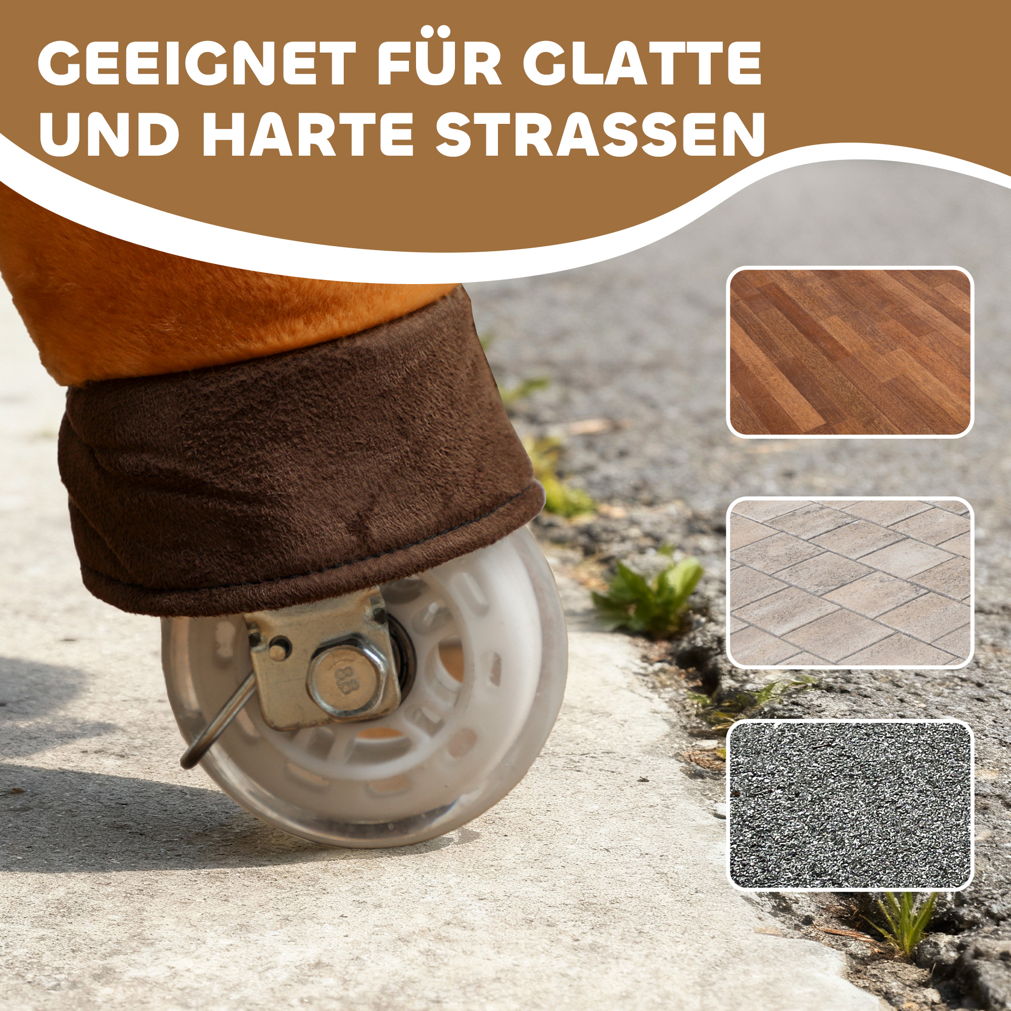 Reitpferd für Kinder, Stoffbezug, stabiler Rahmen, sanfte Räder, Schaukelpferd, 3-5 Jahre, Dunkelbraun