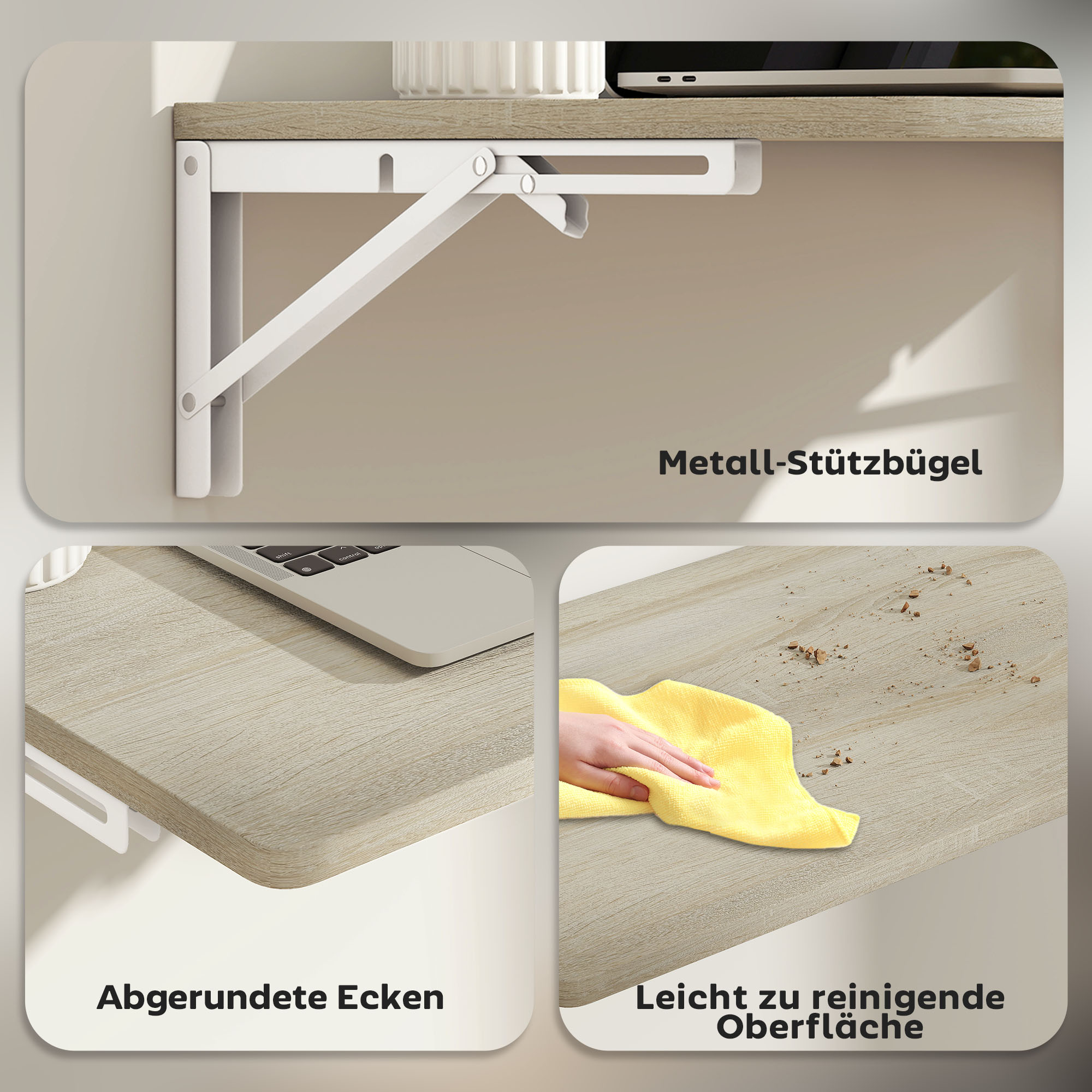 Wandklapptisch, 60x40 cm Klapptisch, Platzsparender Schwimmender Schreibtisch mit abgerundeten Ecken, für Homeoffice, Wohnzimmer, Schlafzimmer, Küche, Eiche