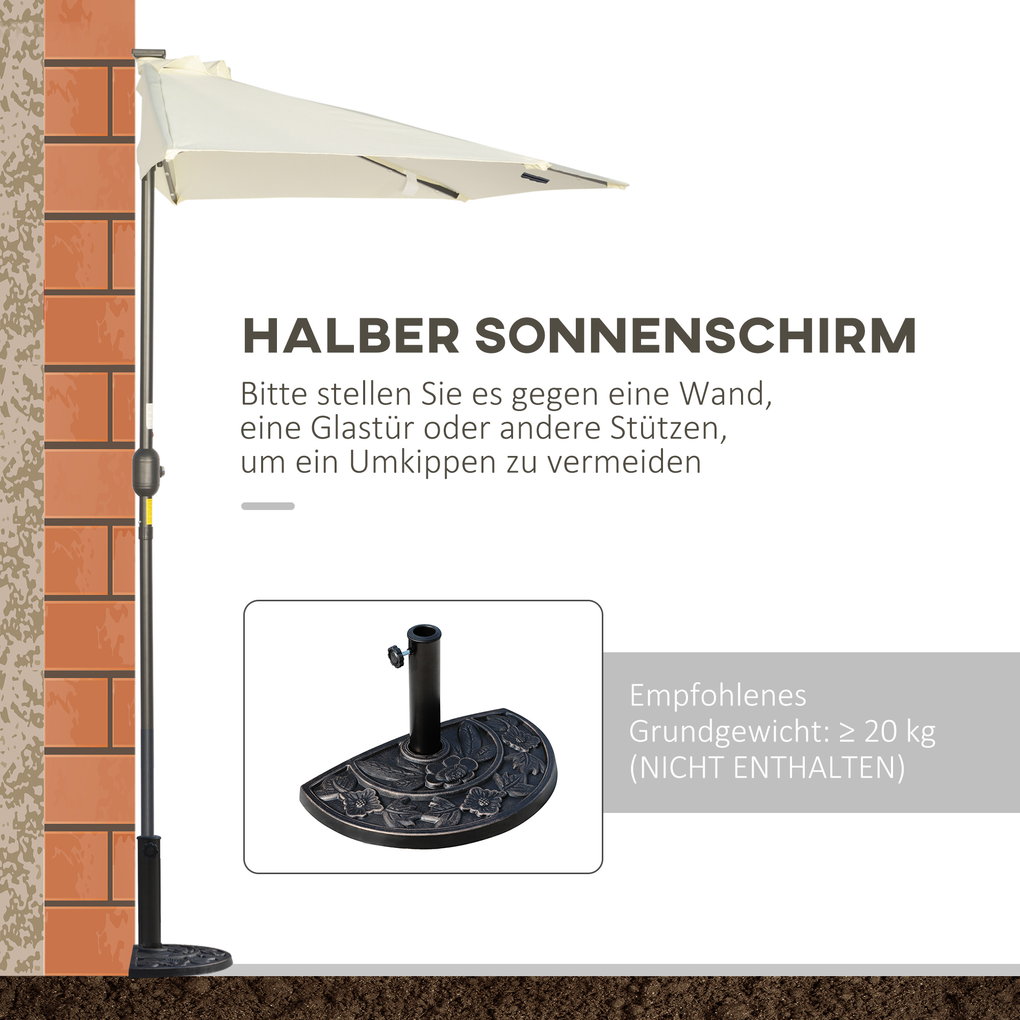 Sonnenschirm, Terrassenschirm, halbrund, mit Solarpaneel, 20 LEDs, Handkurbel, beige, 2,70 x 1,35 x 2,40 m