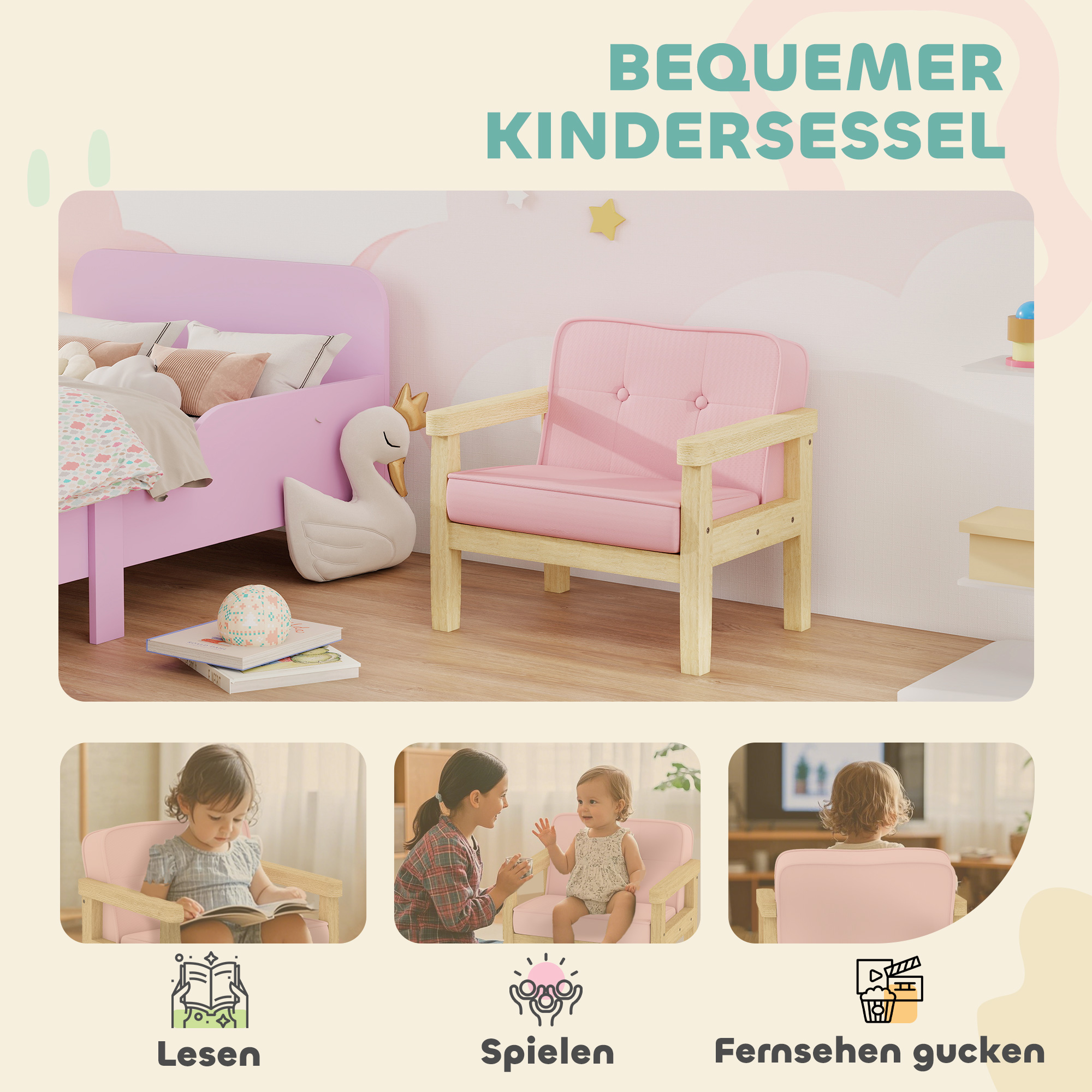 Kindersessel Kindersofa mit Kord-Optik, massiven Holzfüßen Sessel aus Schaumstoff Kinderstuhl für Kinderzimmer, Spielzimmer, 46,5 x 44 x 45 cm, für Kinder 3-8 Jahre Rosa